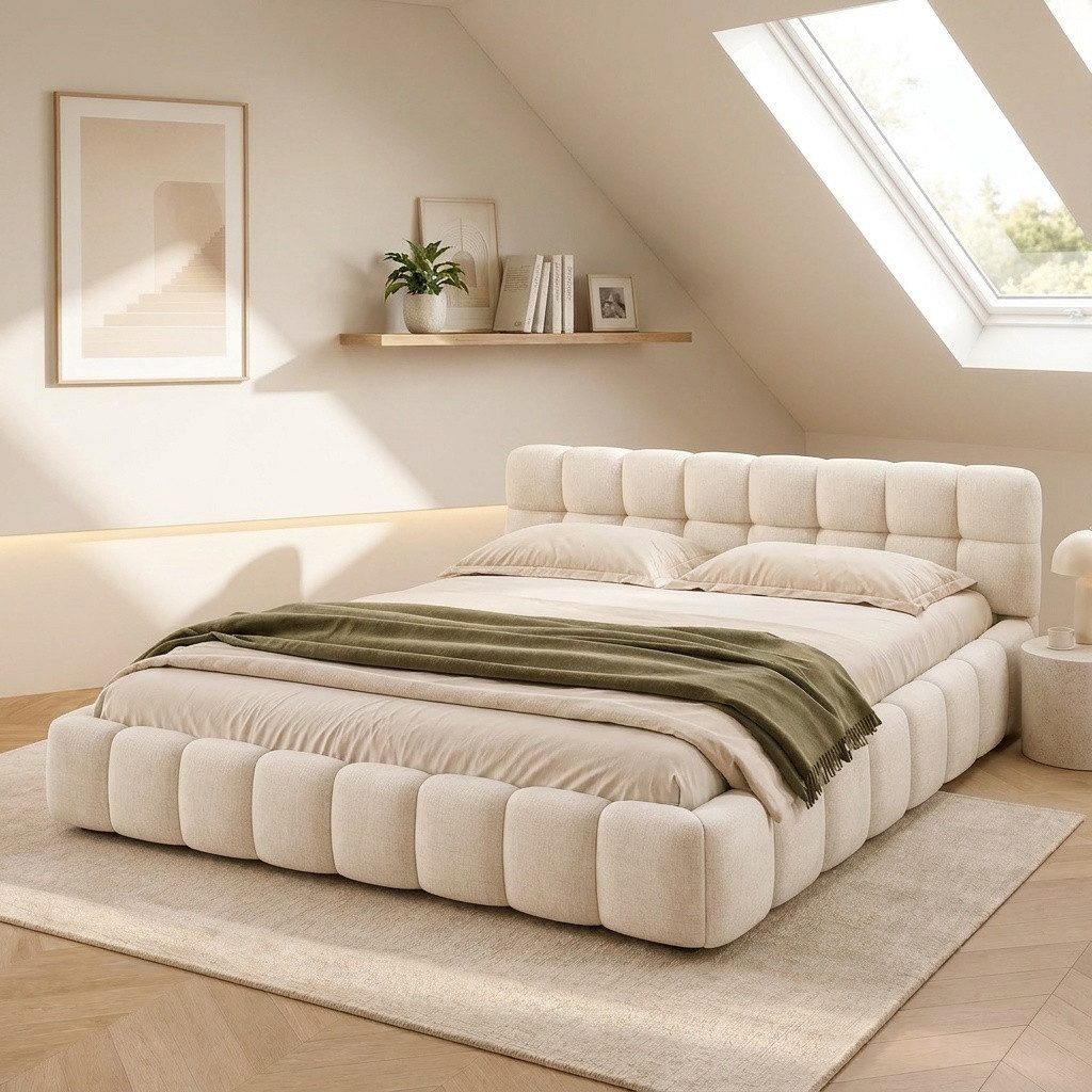 PXloue Polsterbett Doppelbett Jugendbett (ohne Matratze), (Futonbett), Mit Bettrahmen und Lattenrost, Leinen-Stoff, 140x200cm