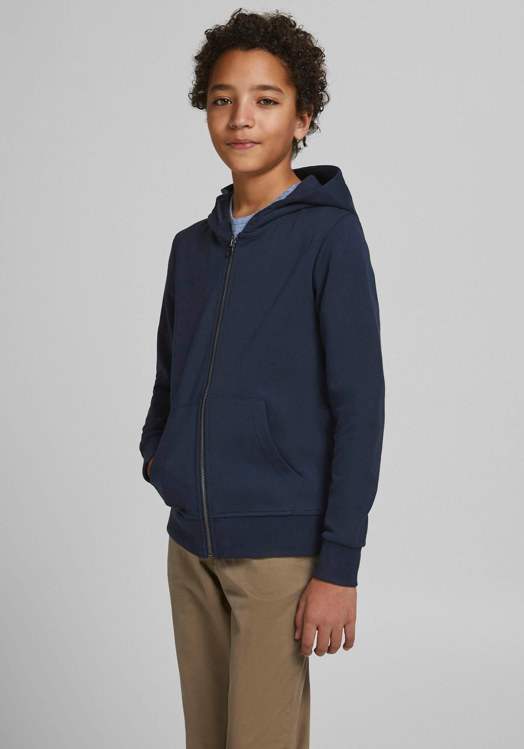 Jack & Jones Junior Kapuzensweatjacke, Kapuze mit Dekokordel und Säume mit  weichen Bündchen