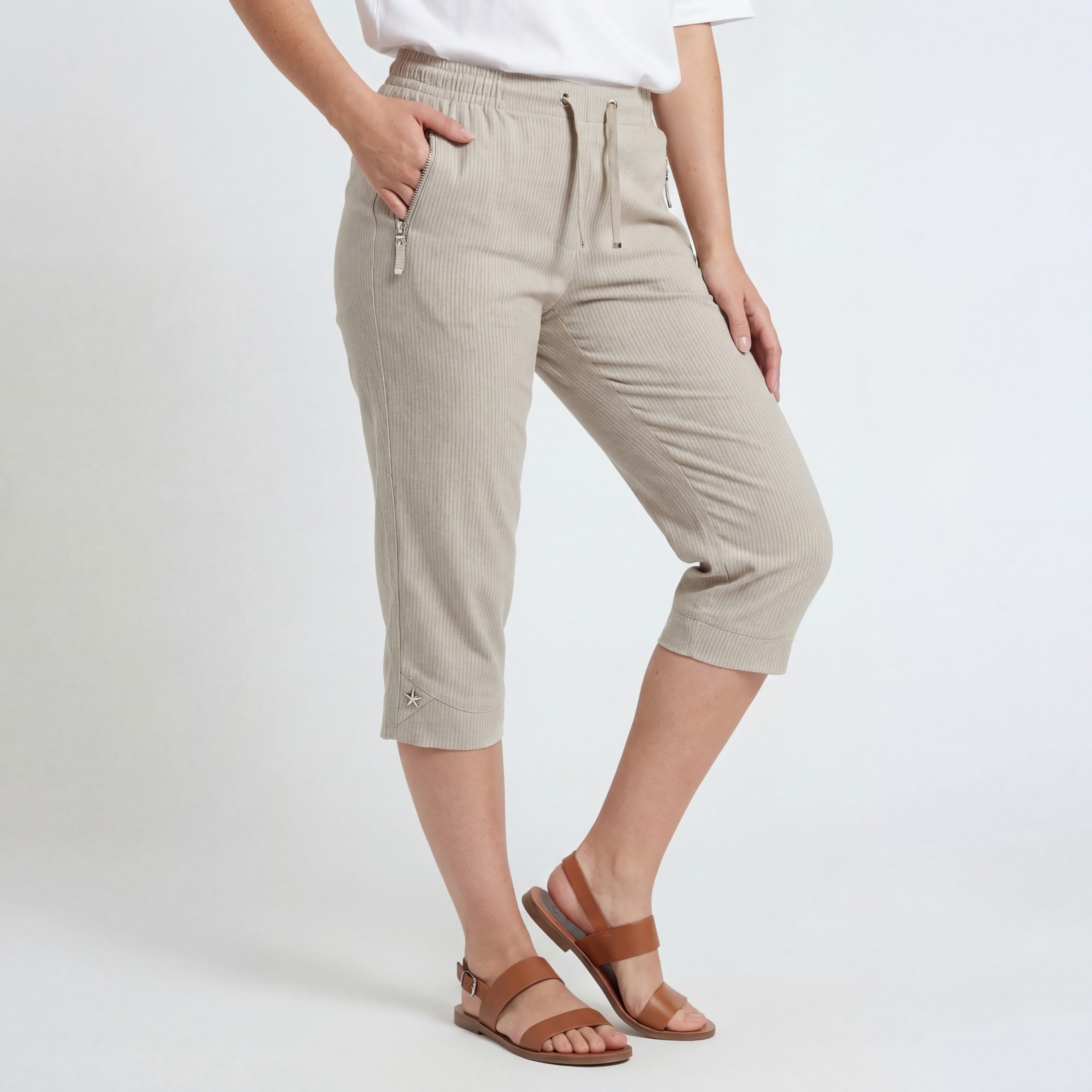OriginalYou Caprihose Damen Sommerhose Nadelstreifen 7/8 Freizeithose mit Gummibund mit elastischem Bund, Einzelgrößen von 36 bis 50