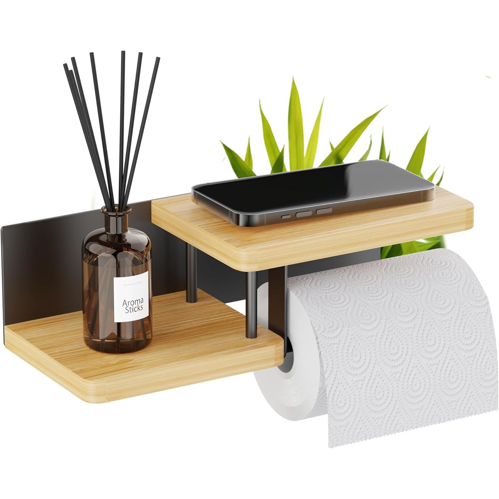 SURFOU Toilettenpapierhalter toilettenpapier aufbewahrung aus Bambus & Eisen - 2-in-1-Montage, Für Smartphone, Kosmetik & Toilettenpapier. Für Bad & WC. 