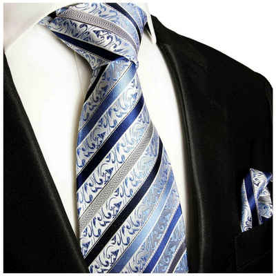 Paul Malone Krawatte Herren Seidenkrawatte und Tuch modern barock gestreift 100% Seide (Set, 2-St., Krawatte mit Einstecktuch) Schmal (6cm), Extra lang (165cm), blau 718