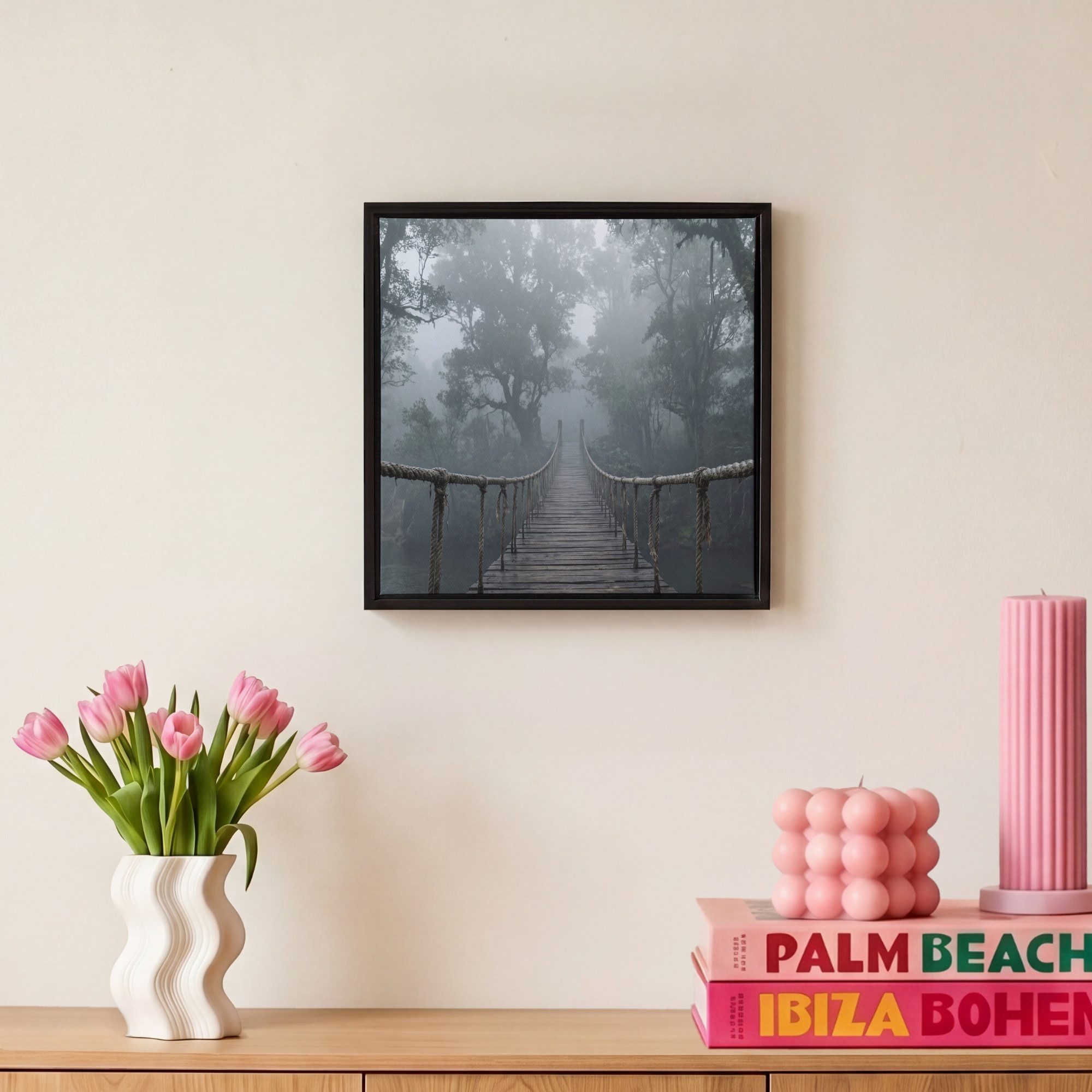 OneMillionCanvasses® Leinwandbild mit Rahmen - Brücke - Dschungel - Nebel - Natur, Fotodruck (1 St), Leinwand Bilder Klein, Wand Dekoration Aesthetic 20x20cm – Bild 4 von 5