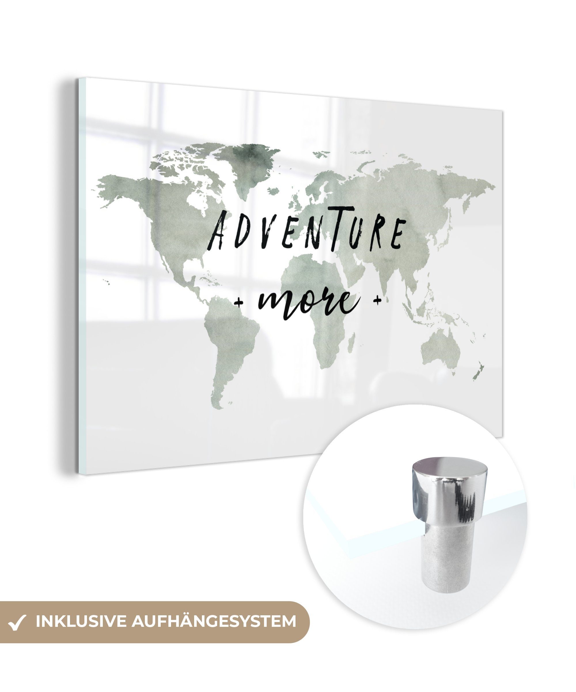 MuchoWow Acrylglasbild Weltkarte - Abenteuer mehr - Aquarell, (1 St), Glasbilder - Bilder auf Glas Wandbild - Foto auf Glas - Wanddekoration