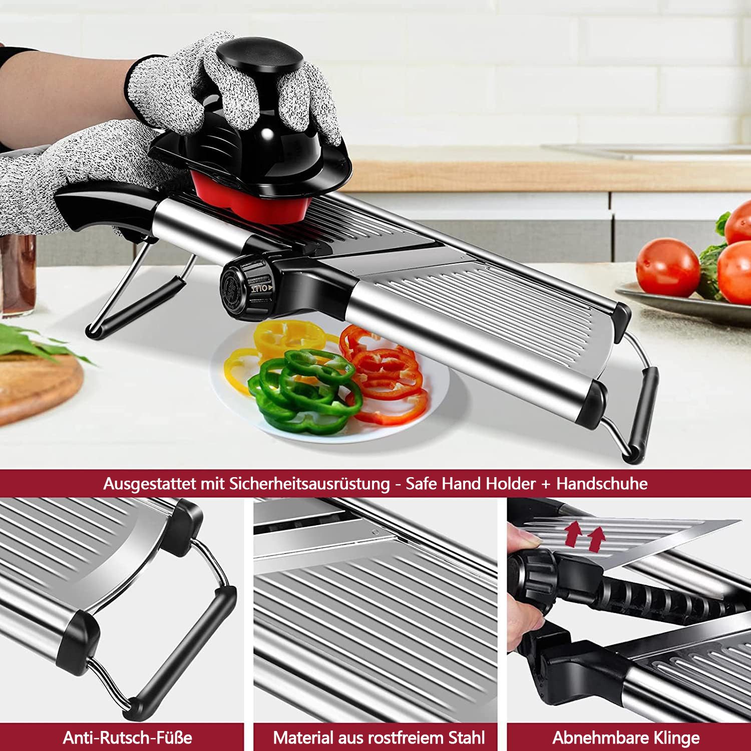 MOPUEA Gemüseschneider Mandoline Gemüsehobel Nicer Dicer mit Handschuhen multifunktional 11ST, Sicher, verstellbar 1-9mm, Edelstahl, rutschfest, leicht zu reini – Bild 3 von 5