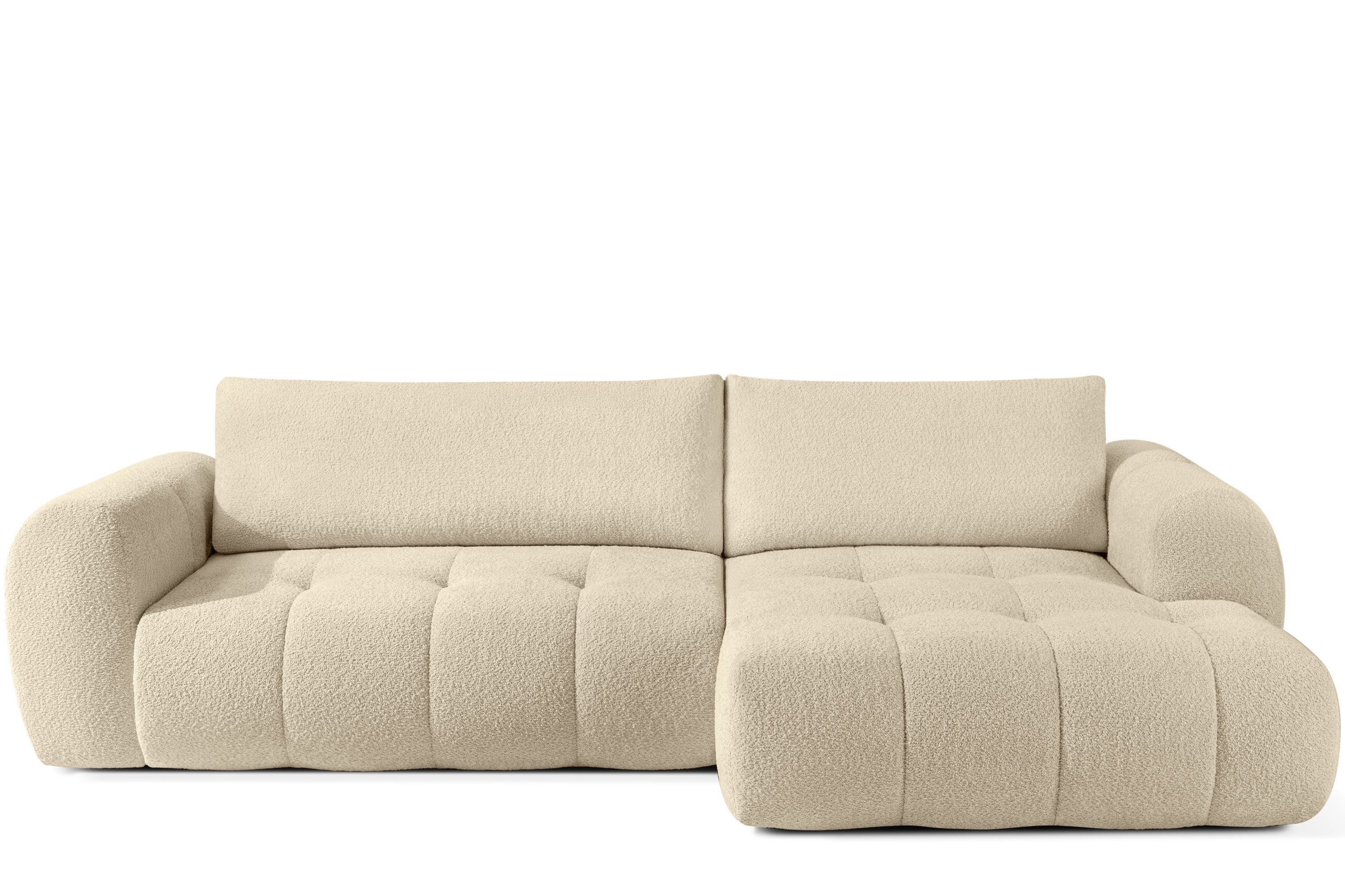 KONSIMO® Ecksofa LIRA mit Schlaffunktion, Japandi, Premiumqualität aus EU, rechts Ecksofa, elastischer Sitz, Bouclé-Stoff, Mega große Liegefläche (232x157 cm)
