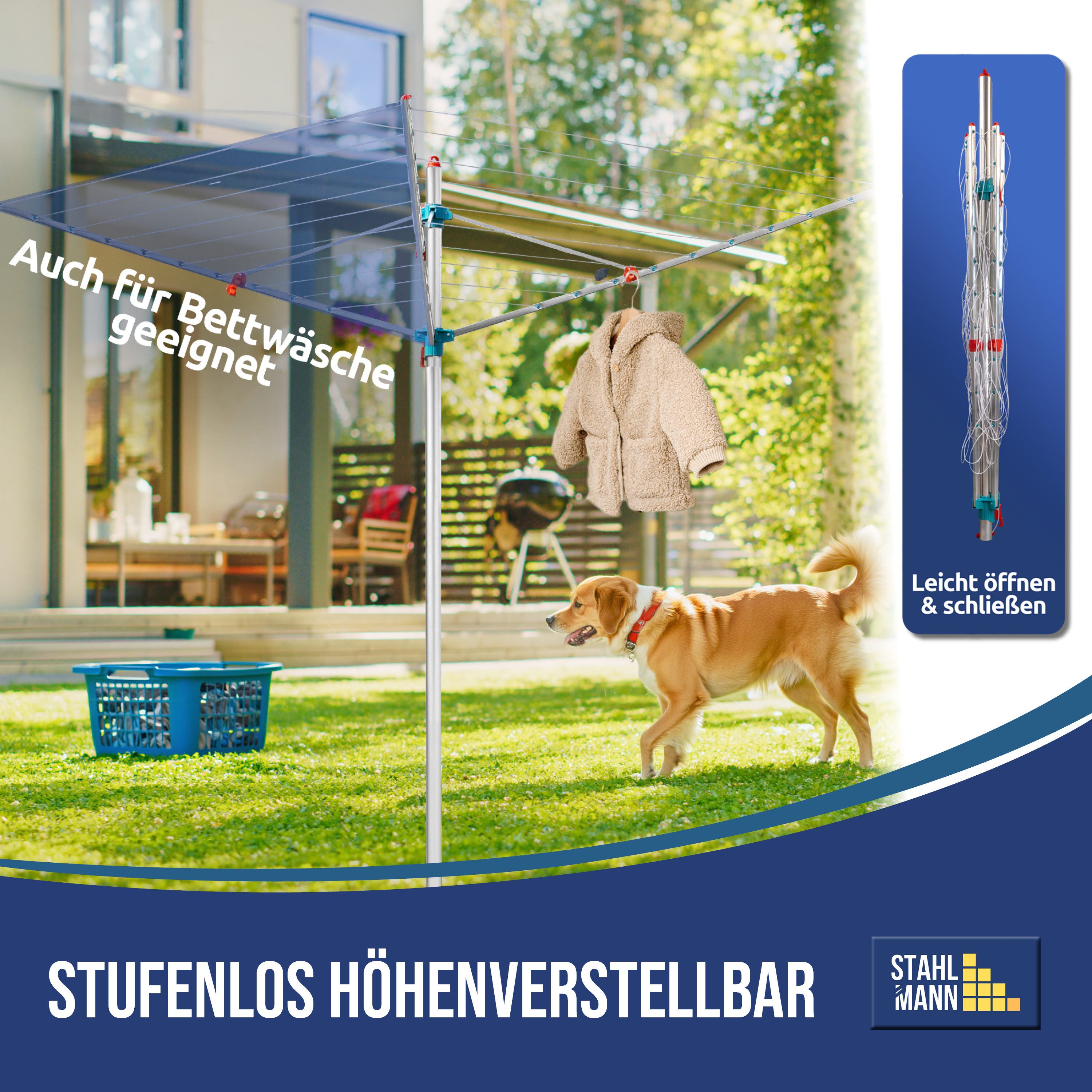 STAHLMANN COMMERCE GmbH Wäschespinne für draußen 50m Leinenlänge, höhenverstellbar mit Bodenhülse, inkl. Bodenhülse mit Deckel - Made in Germany