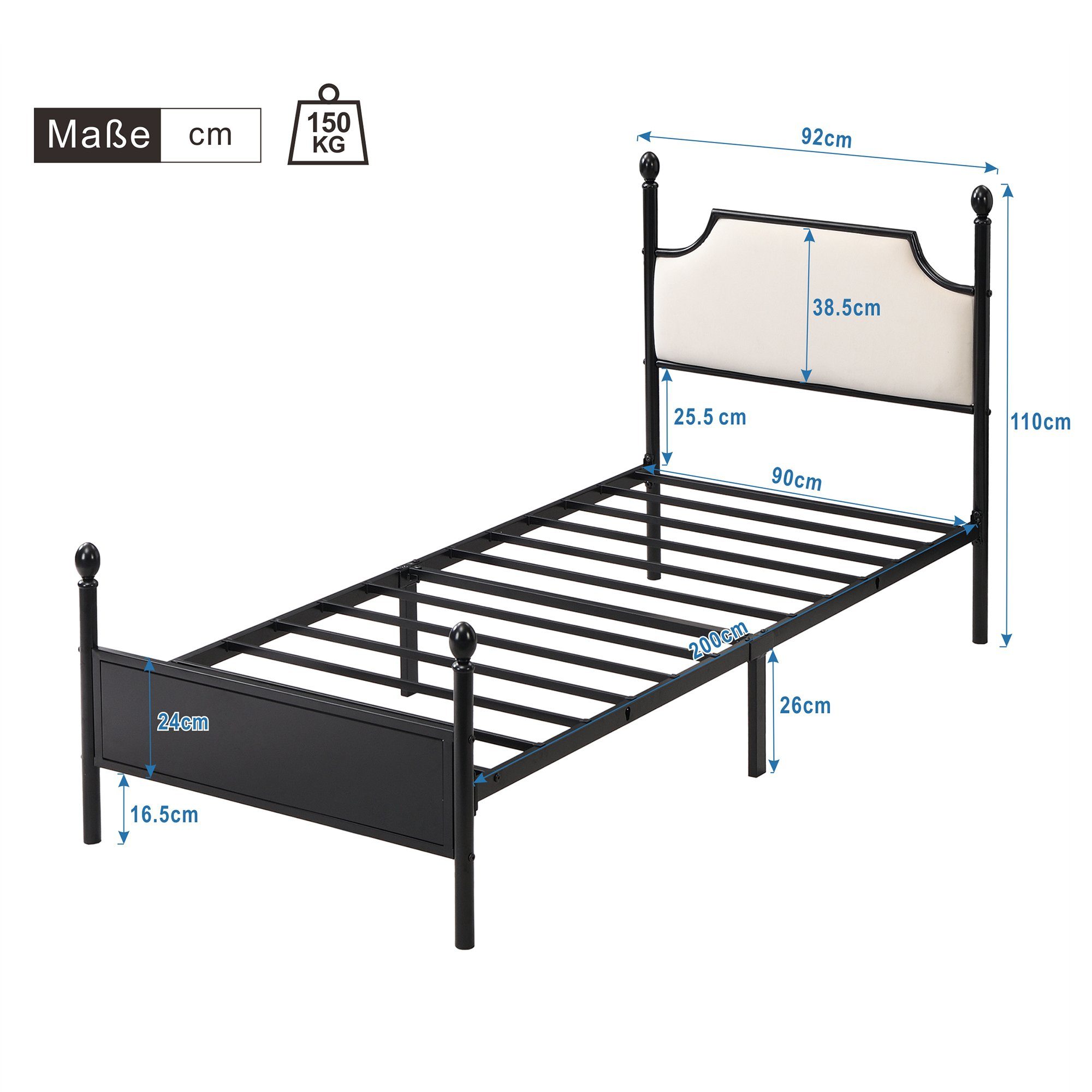 Metallbett (Einzelbett), mit Kopfteil und Lattenrost, 90x200 cm