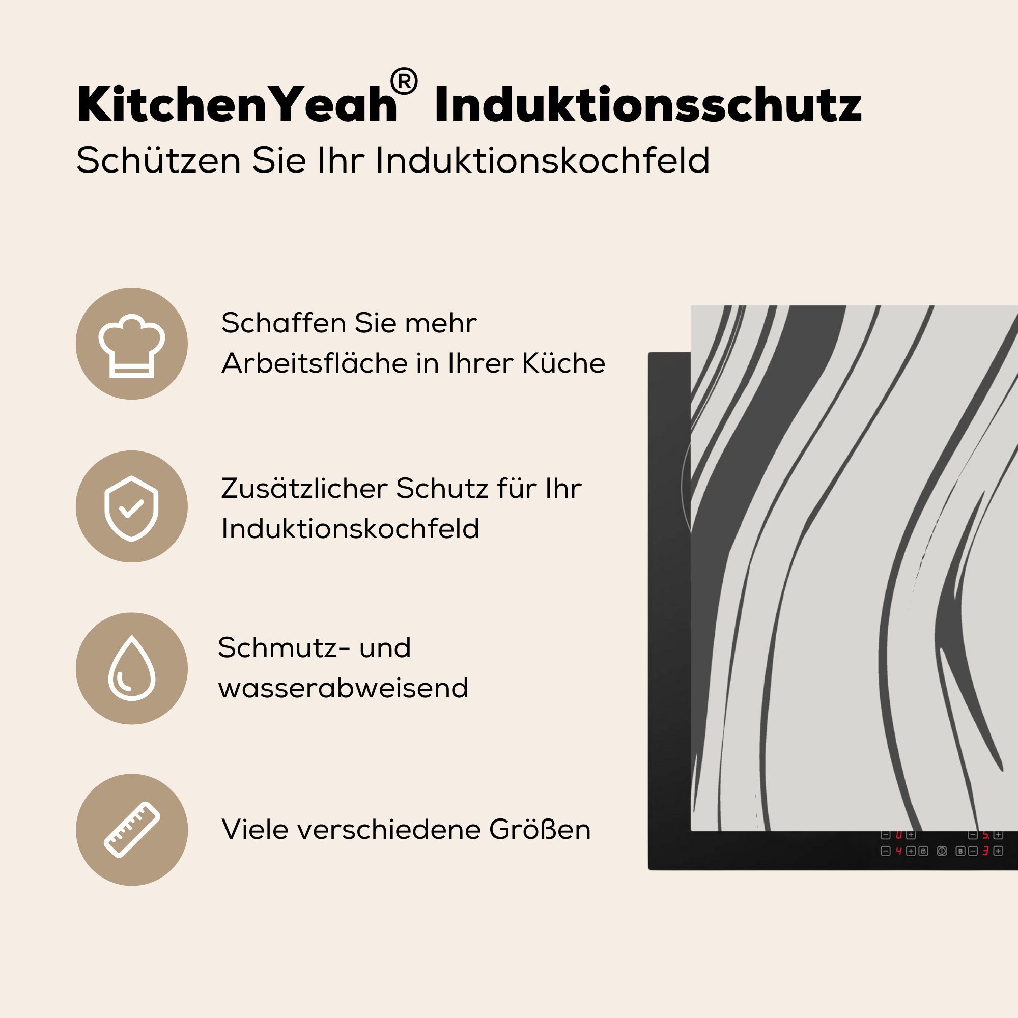 - MuchoWow für Schutz Induktionskochfeld tlg), Vinyl, küche, (1 Marmor Muster, 81x52 Herdblende-/Abdeckplatte - Ceranfeldabdeckung die cm, Grau