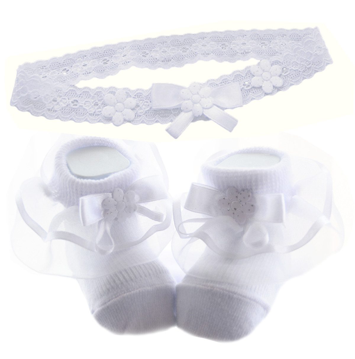La Bortini Socken Socken und Stirnband für Baby Kinder weiß festlich Strümpfe Rüschen elastisch, 44 50 56 62 68 74 80 86 92 98 104 mit Schleifchen