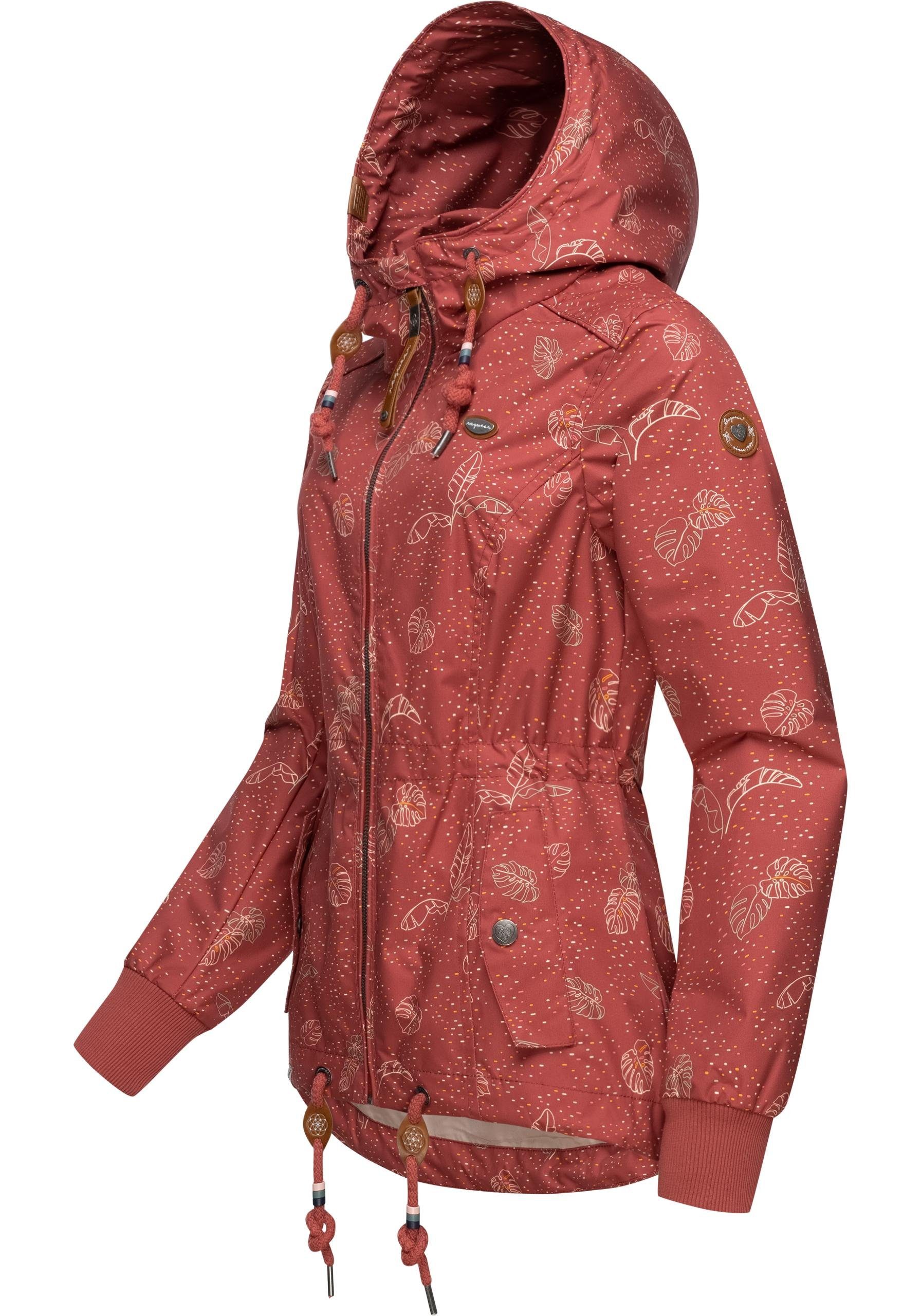 Print und Ragwear Danka mit rosa Kapuze Leaves Outdoorjacke stylische Übergangsjacke