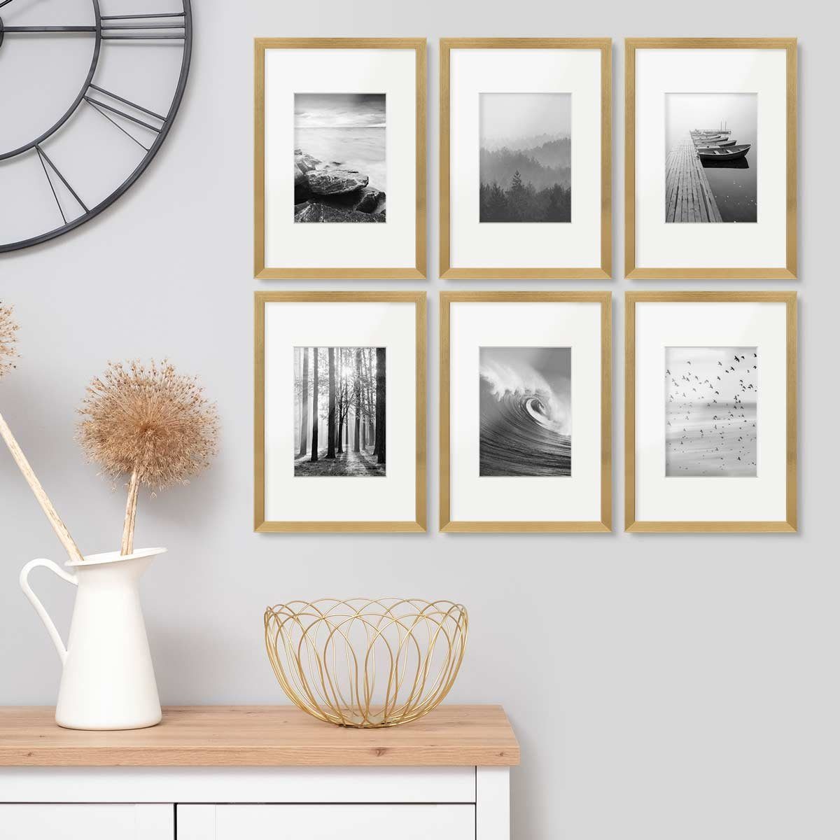 PHOTOLINI Bilderrahmen 6er Set 21x30 cm / A4 Modern Schmal mit Passepartout Gold | Einzelrahmen