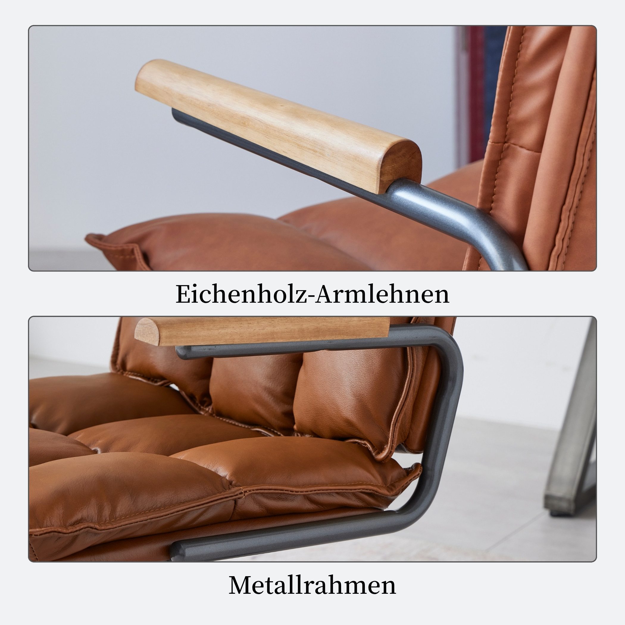 SeedWave Bürostuhl Höhenverstellbarer Drehstuhl mit Eichenholz-Armlehnen, 136kg belastbar, Industrial Design, Echtleder Schreibtischstuhl mit Wippfunktion – Bild 4 von 5