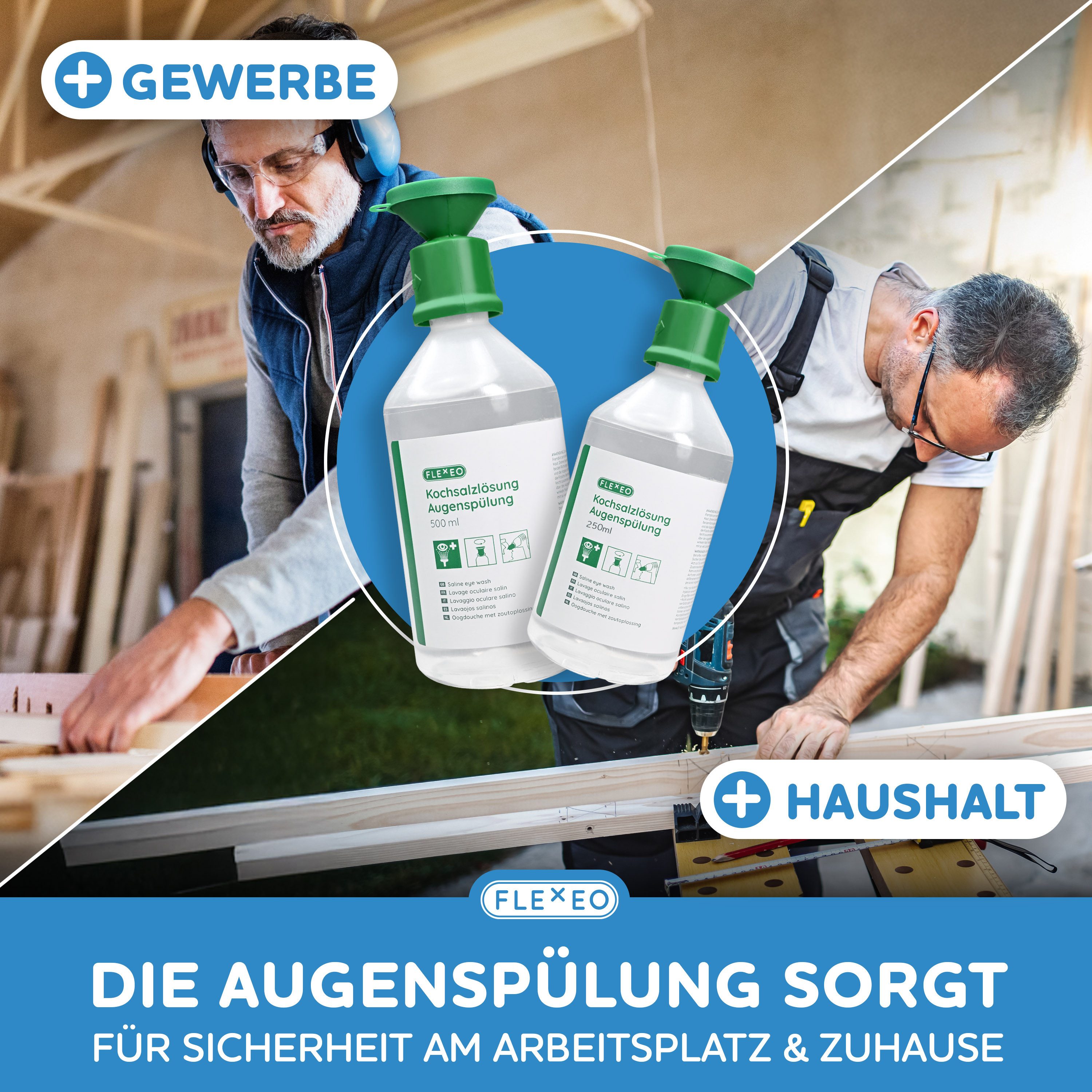 FLEXEO Erste-Hilfe-Set Augenspülflasche NaCl 250ml, (1 St), Augendusche mit Kochsalzlösung 0,9