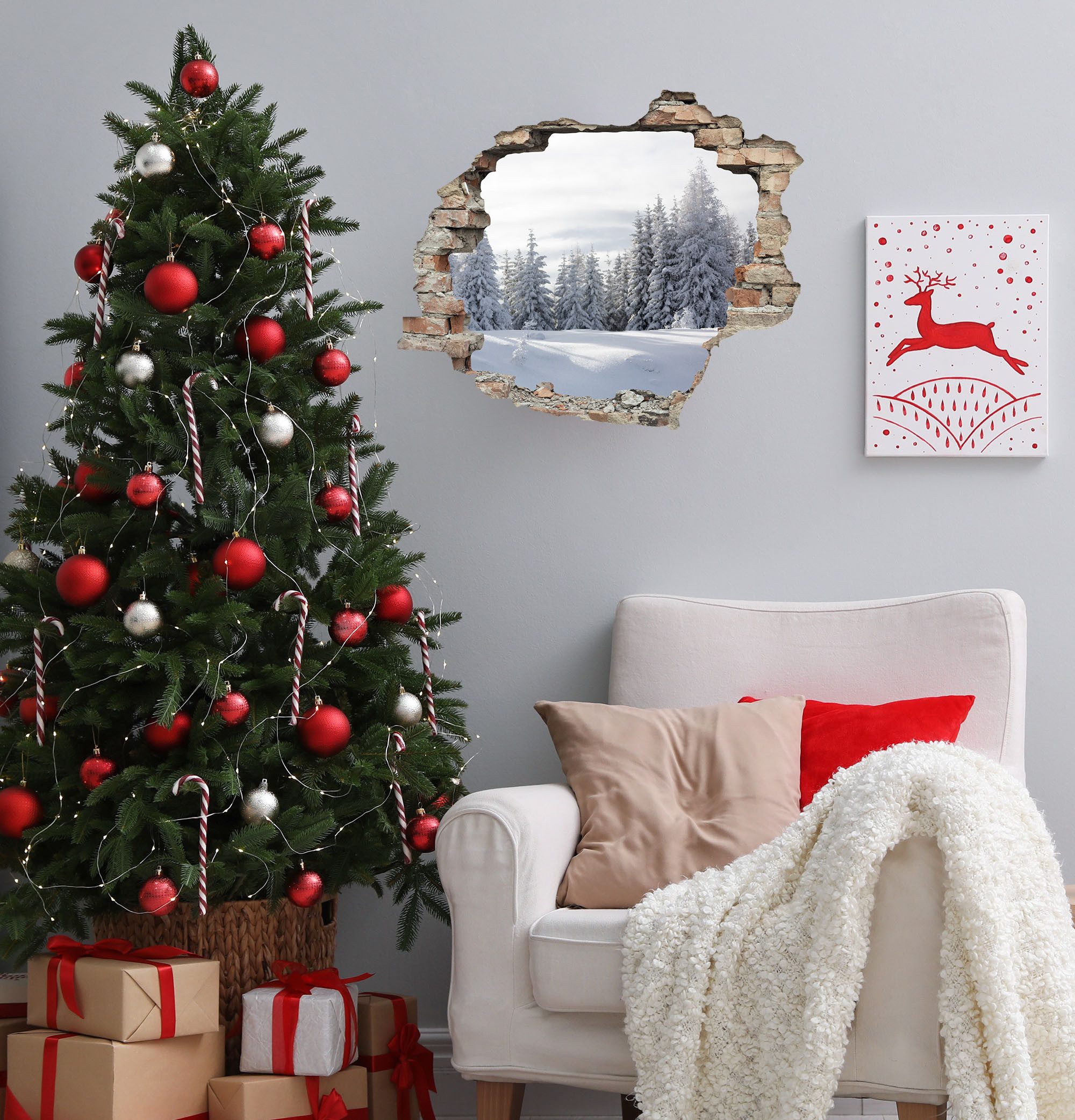 queence 3D-Wandtattoo Tannenlandschaft im Schnee (1 St), selbstklebender Wandsticker Weihnachten