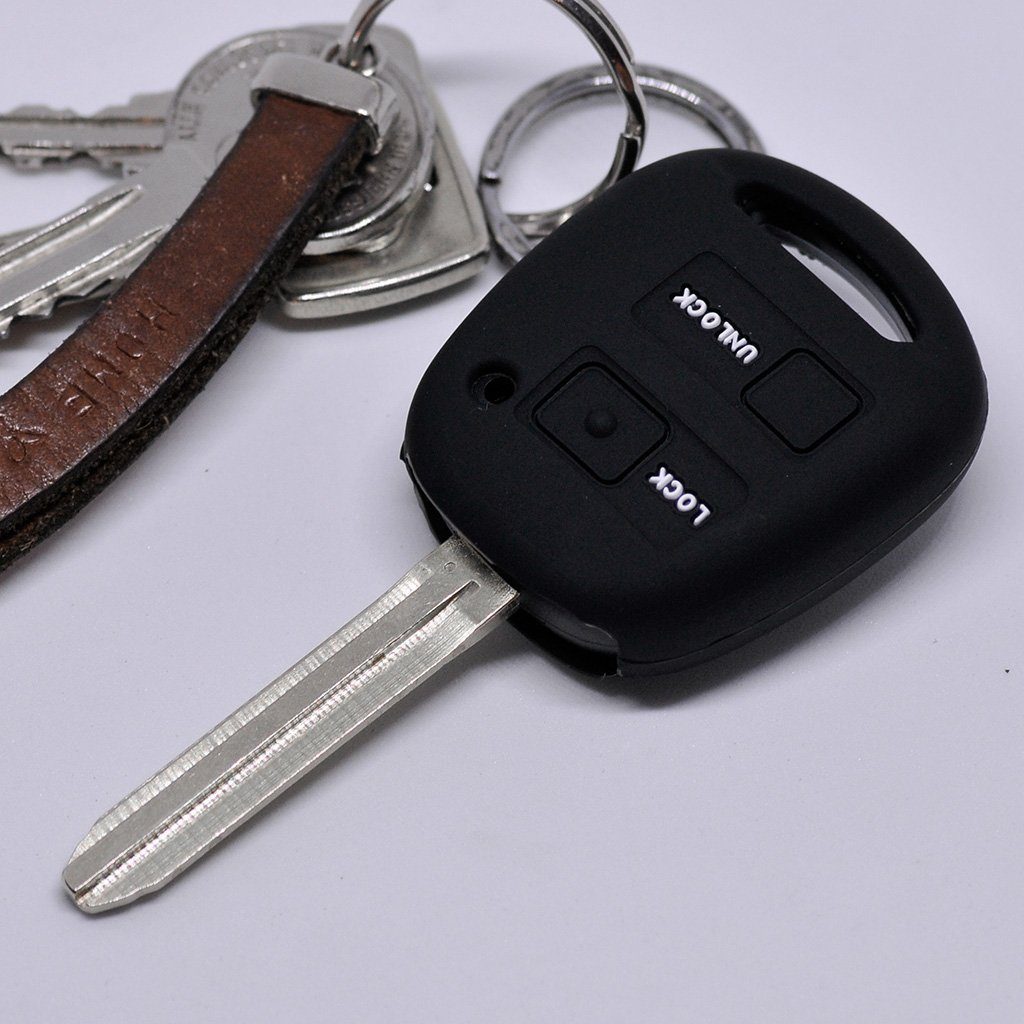 mt-key Schlüsseltasche Autoschlüssel Softcase Silikon Schutzhülle Schwarz, für Toyota Yaris RAV 4 Aygo Corolla Avensis 2 Knopf Funk Fernbedienung