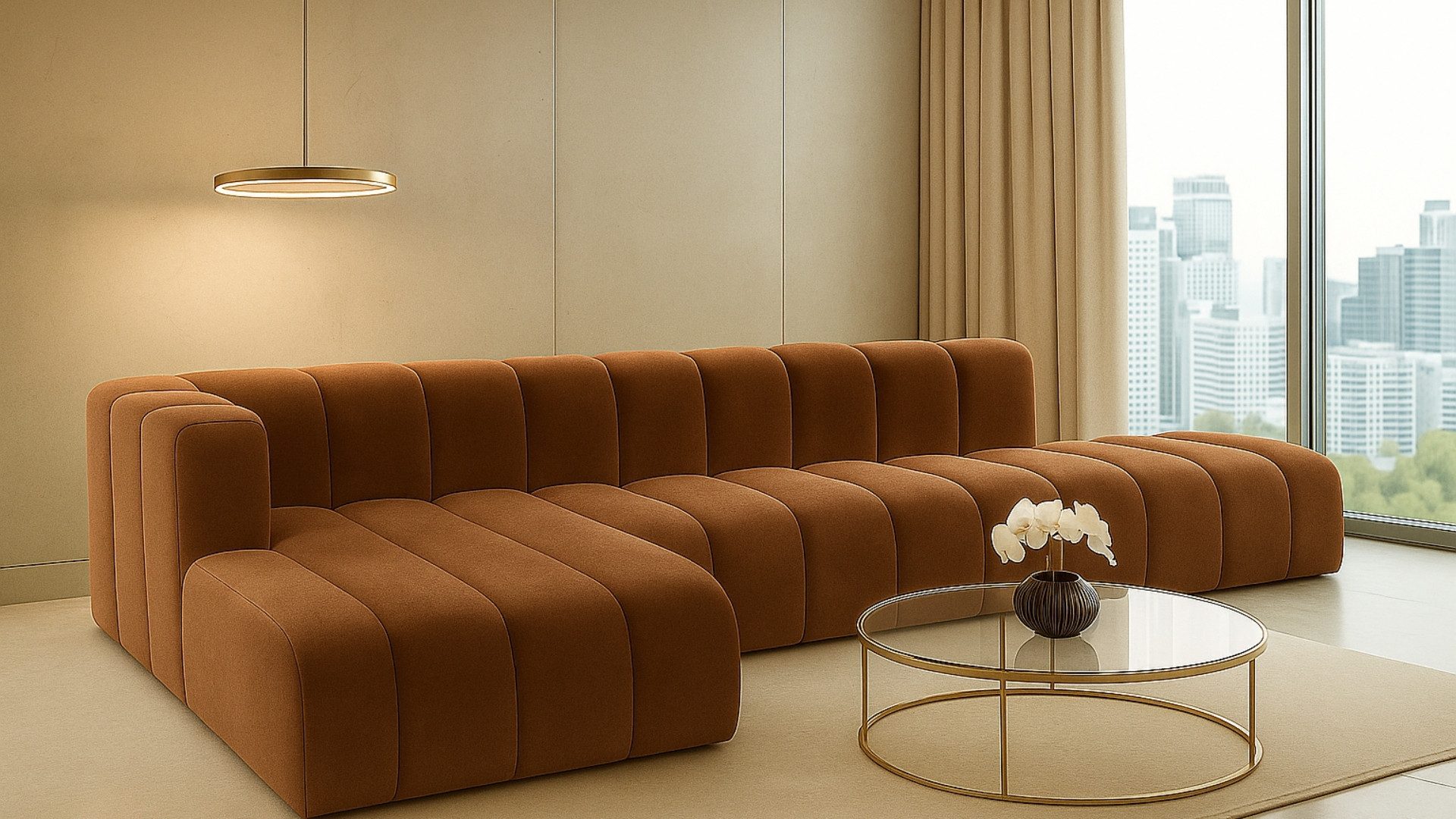 Kaiser Möbel Ecksofa luxuriöses modulares Premium-Sofa im Veloursstoff GRAND L mit Hocker, Ecksofa + Hocker, Modulares L-Ecksofa,freistehender Hocker,Premium-Velours Salvador