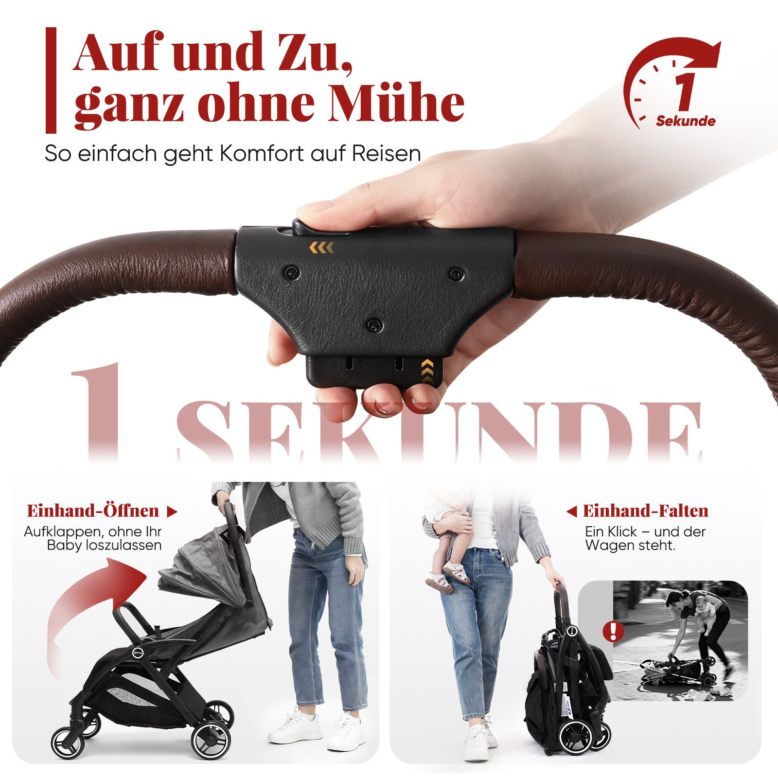 Sekey Kinder-Buggy mit Regenschutz, 3-fach verstellbar Reise Kinderwagen für Flugzeug, Einhand-Faltmechanismus, 4-Rad-Federung, 5-Punkt-Gurt, Sichtfenster