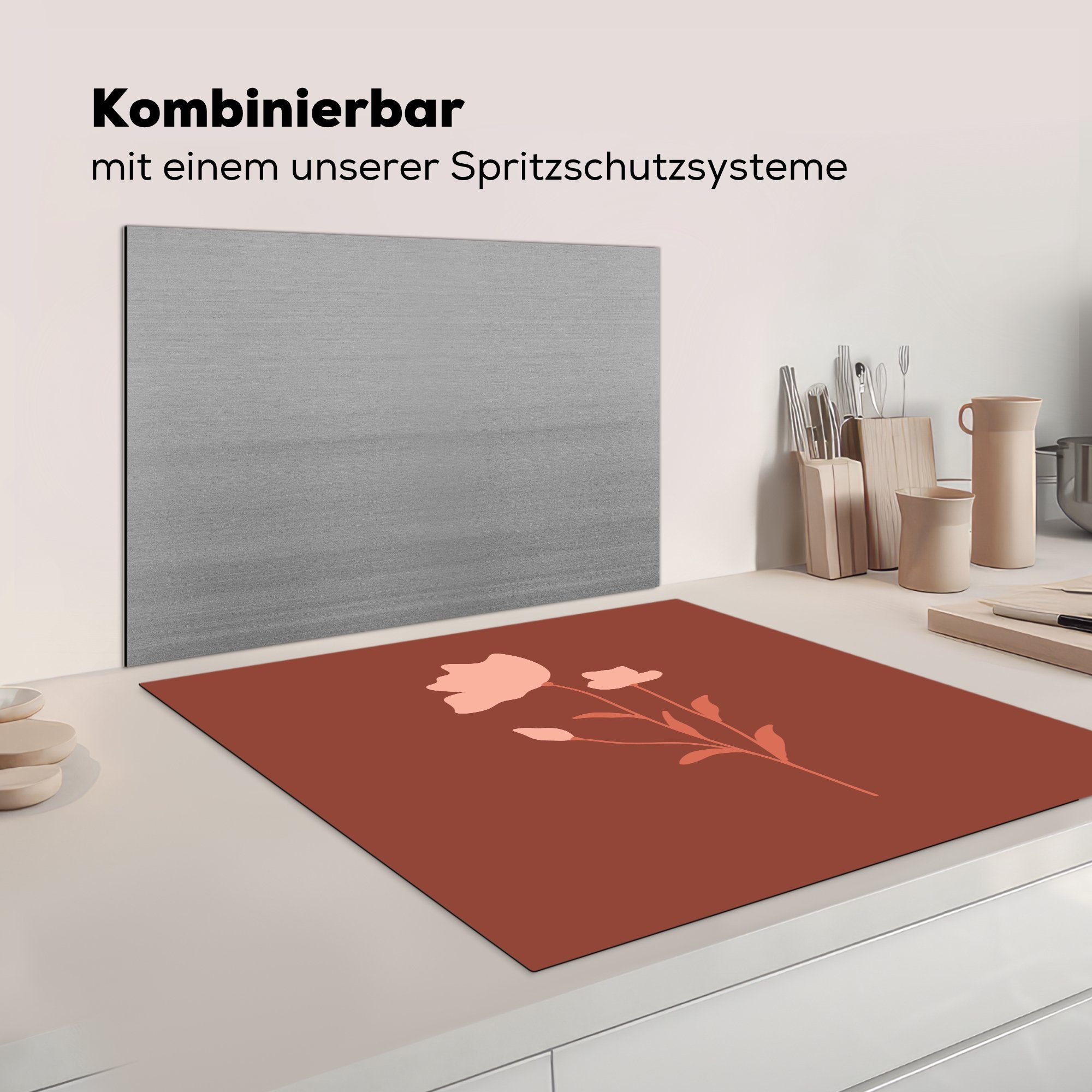 für MuchoWow mit 78x78 tlg), küche rosa cm, (1 Arbeitsplatte Vinyl, Ceranfeldabdeckung, einer Hintergrund, Illustration Herdblende-/Abdeckplatte Blume braunem