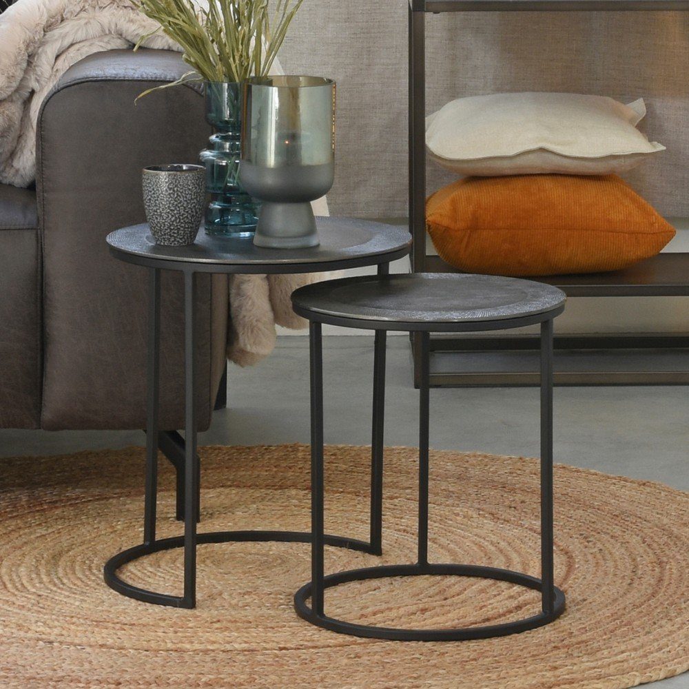 Möbel Altsilber in Mele Metall Beistelltisch Couchtisch RINGO-Living aus 450x400mm, 2er-Set
