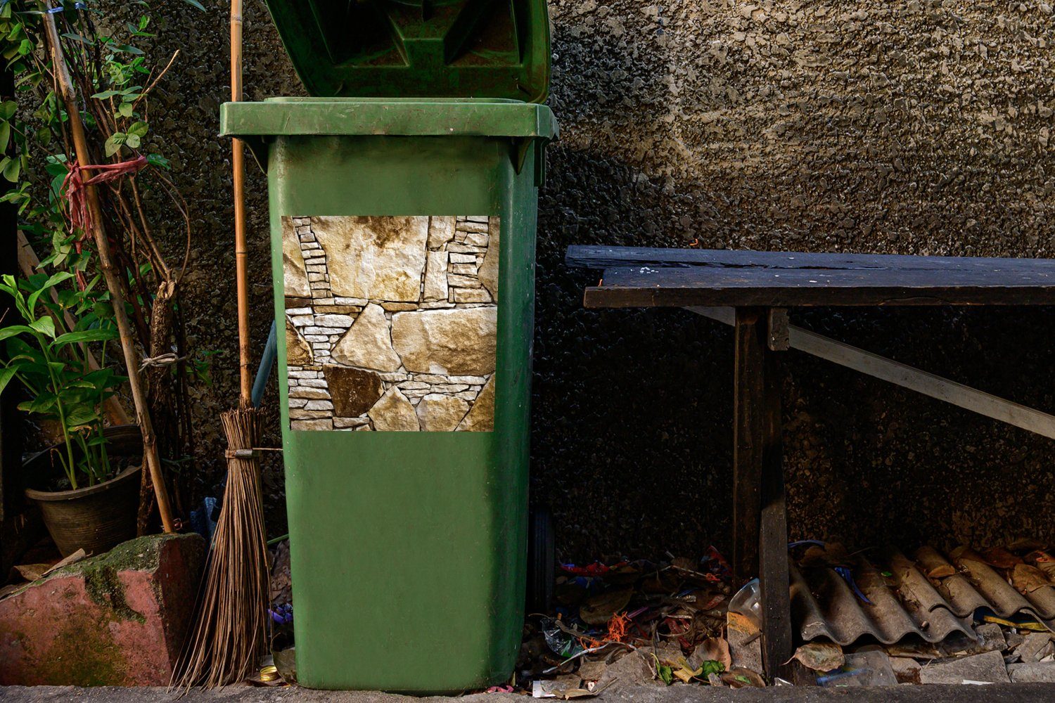 Abfalbehälter - Felsbrocken Sticker, - St), Steine Mauer (1 Mülleimer-aufkleber, Container, Wandsticker MuchoWow Mülltonne,