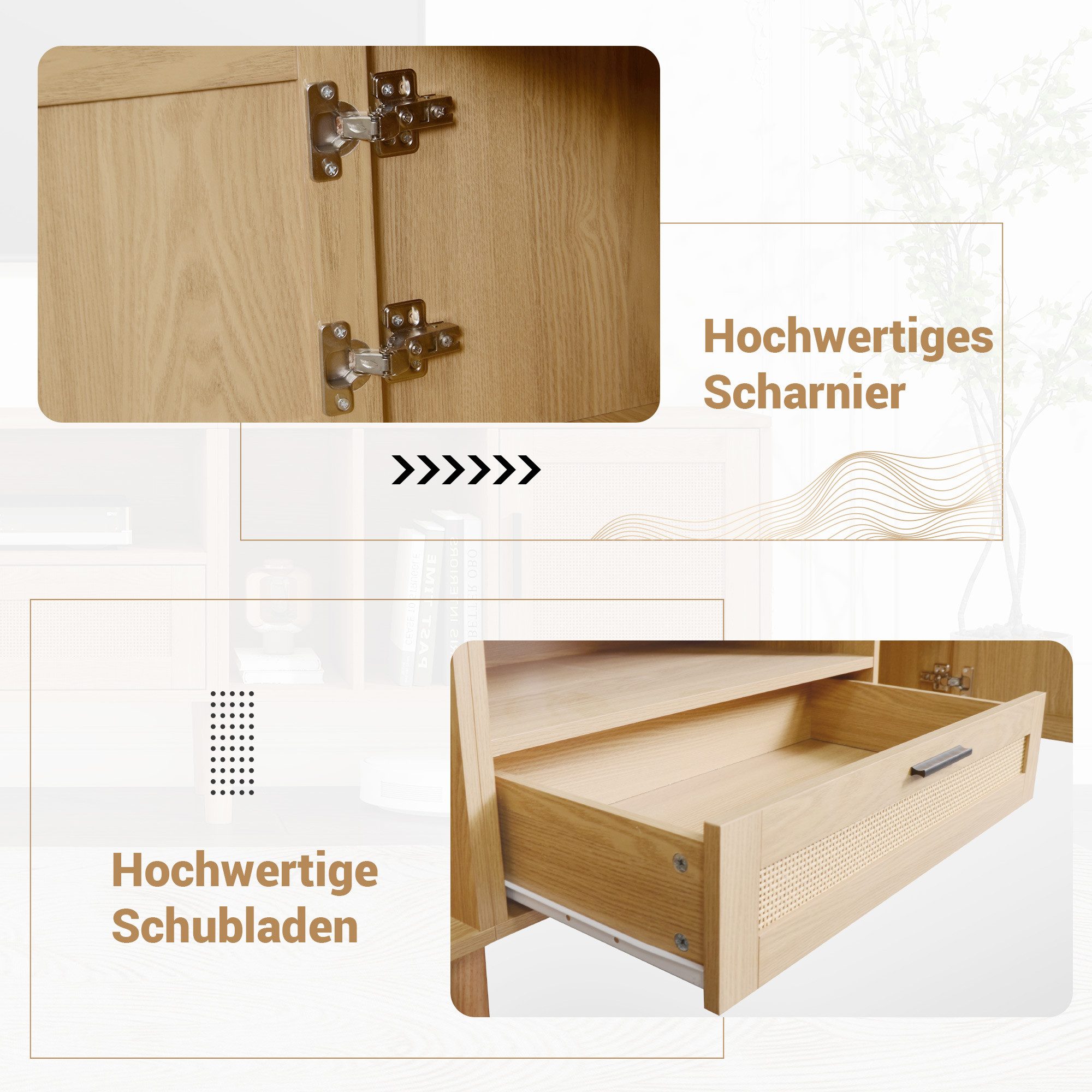 Merax Lowboard, mit Türen und Schubladen,Fernsehtisch Rattan Landhaus,B:180cm