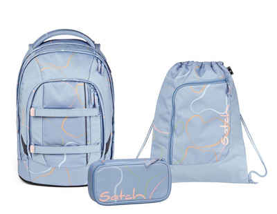 Satch Schulranzen Schulrucksack-Set PACK Vivid Blue 3-teilig (3-teilig), Laptop-Fach, Your-Size-System, höhenverstellbar
