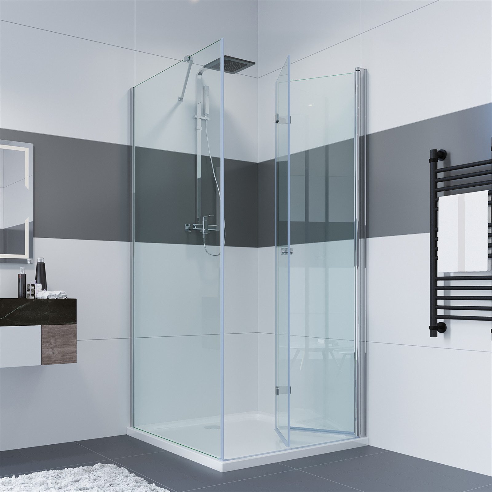 IMPTS Eckdusche Duschtür Falttür mit Seitenwand, BxT: 70x70 cm, Einscheibensicherheitsglas, Sicherheitsglas, Duschkabine Eckeinstieg falttür Duschtür, Duschabtrennung, ohne Duschwanne & Ablauf