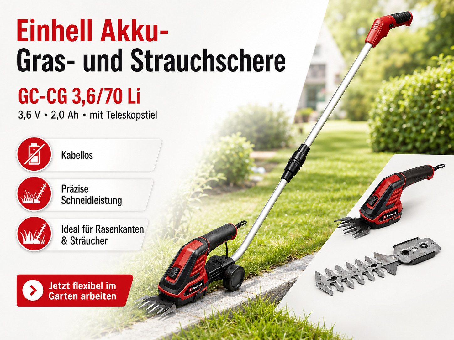 Einhell Akku-Gras- und Strauchscherenset Strauchschere GC-CG 3,6/70 Li 3,6 V, 2,0 AhTelestkopstiel