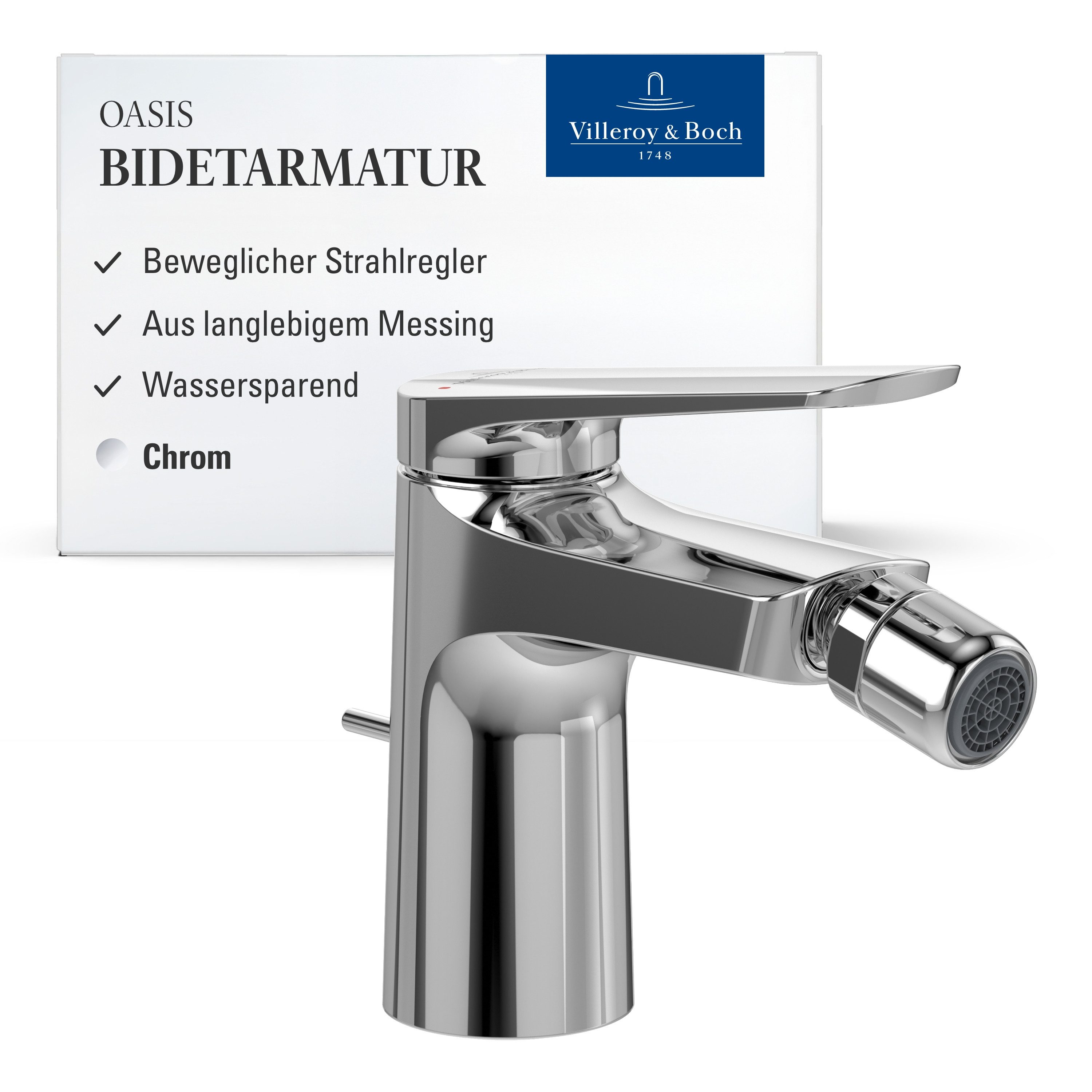 Villeroy & Boch Bidetarmatur Oasis Einhebel Bidet Wasserhahn mit Zugstange und Keramikkartusche, Bidetmischer