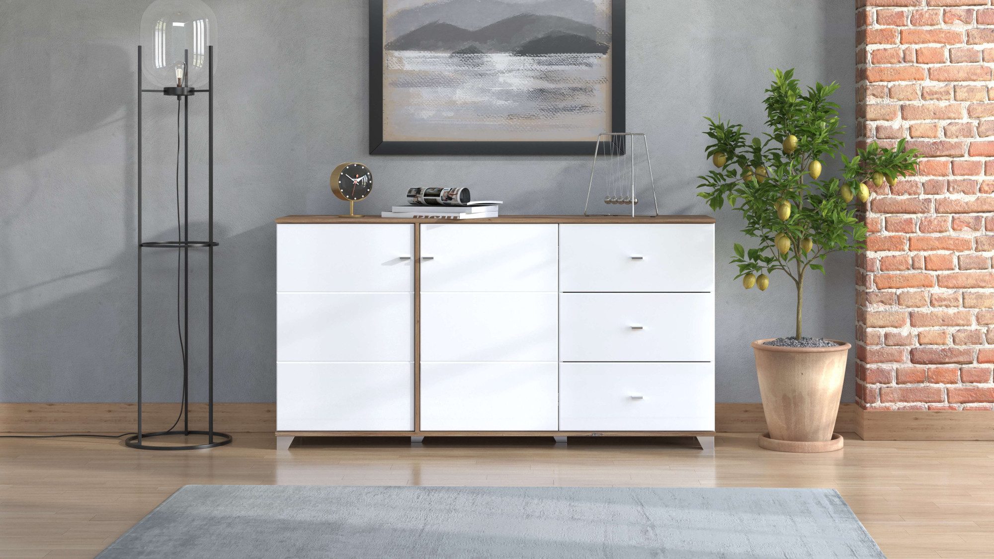 Home affaire Kommode Burgundy Sideboard, Schubladenschrank, mit viel Stauraum, Hochglanzfronten und eine Innenausstattung in Flagstaff Eiche