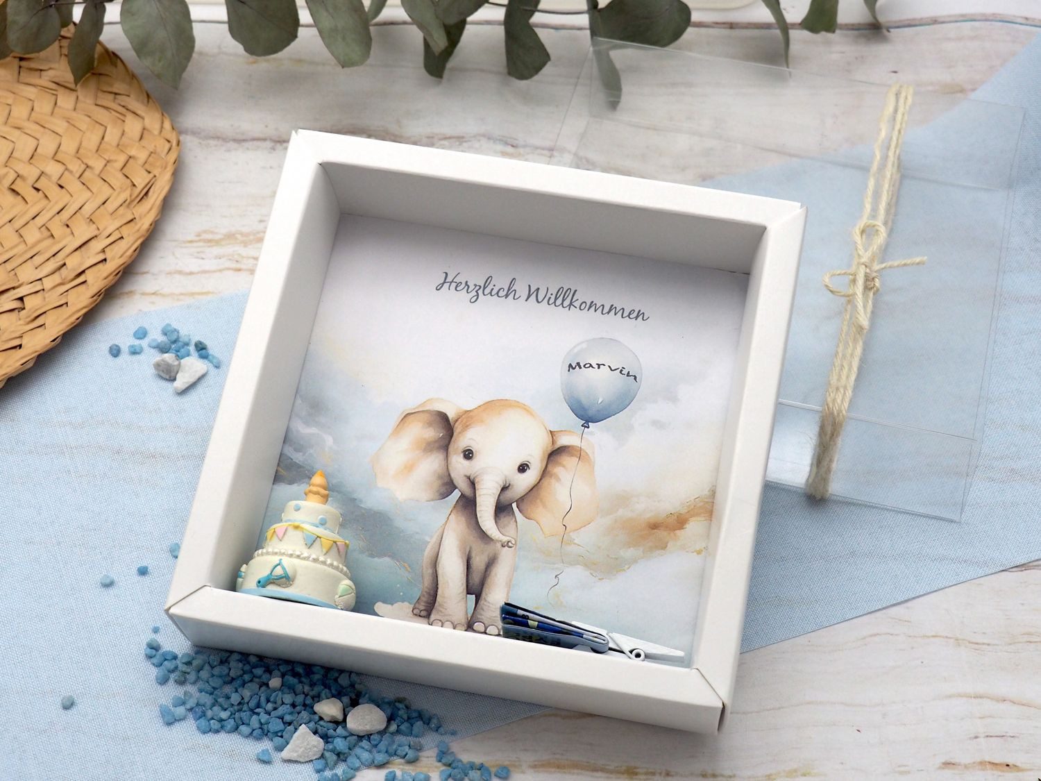 ZauberDeko Geschenkbox Taufe Geldgeschenk Verpackung MIT NAMEN Elefant Blau Geburt