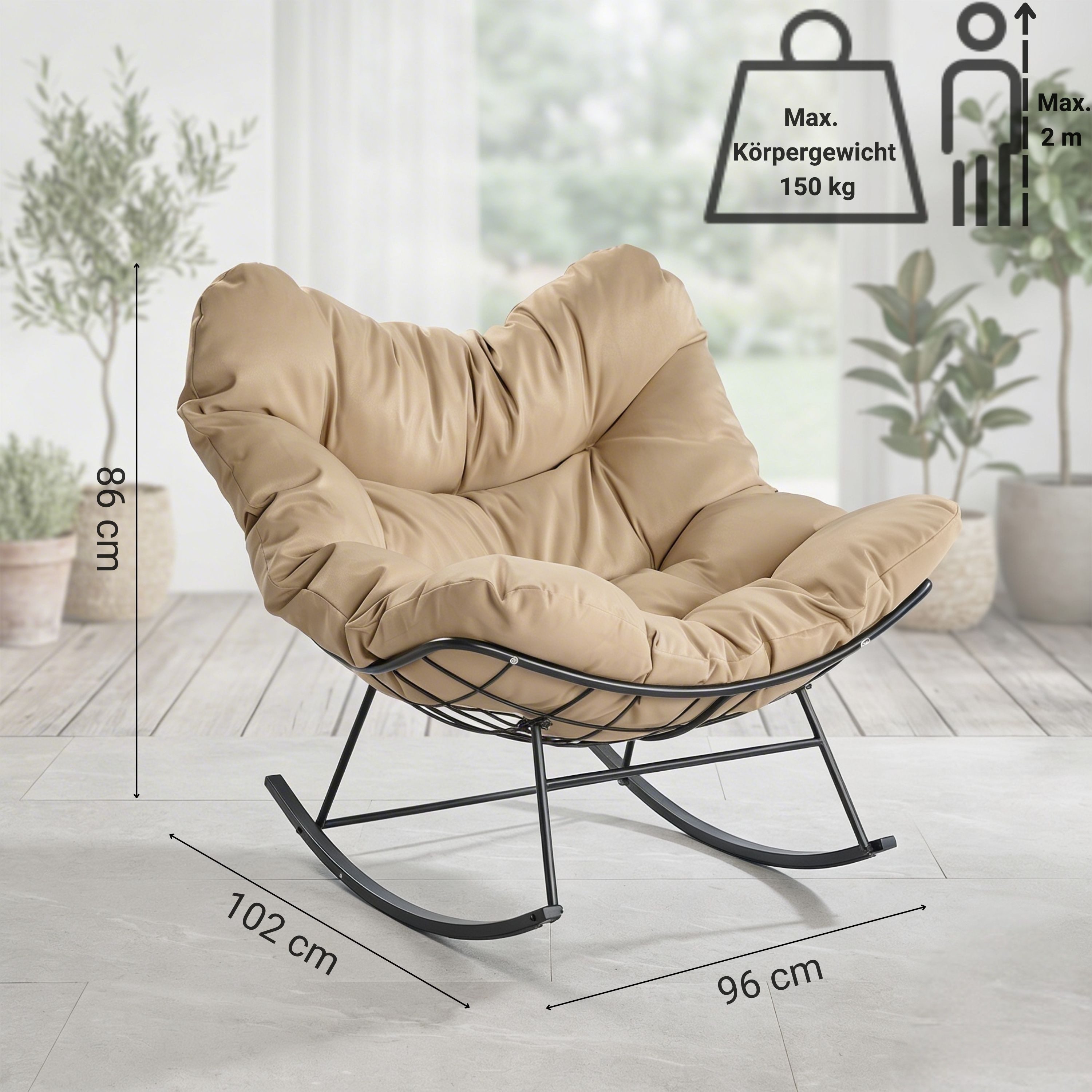 NovaTerra Gartenlounge-Set Stahl-Schaukelstuhl mit Kissen Größe: 110 × 92 × 63 cm, taupe, Rostbeständig dank Pulverbeschichtung, wasserabweisendes Kissen