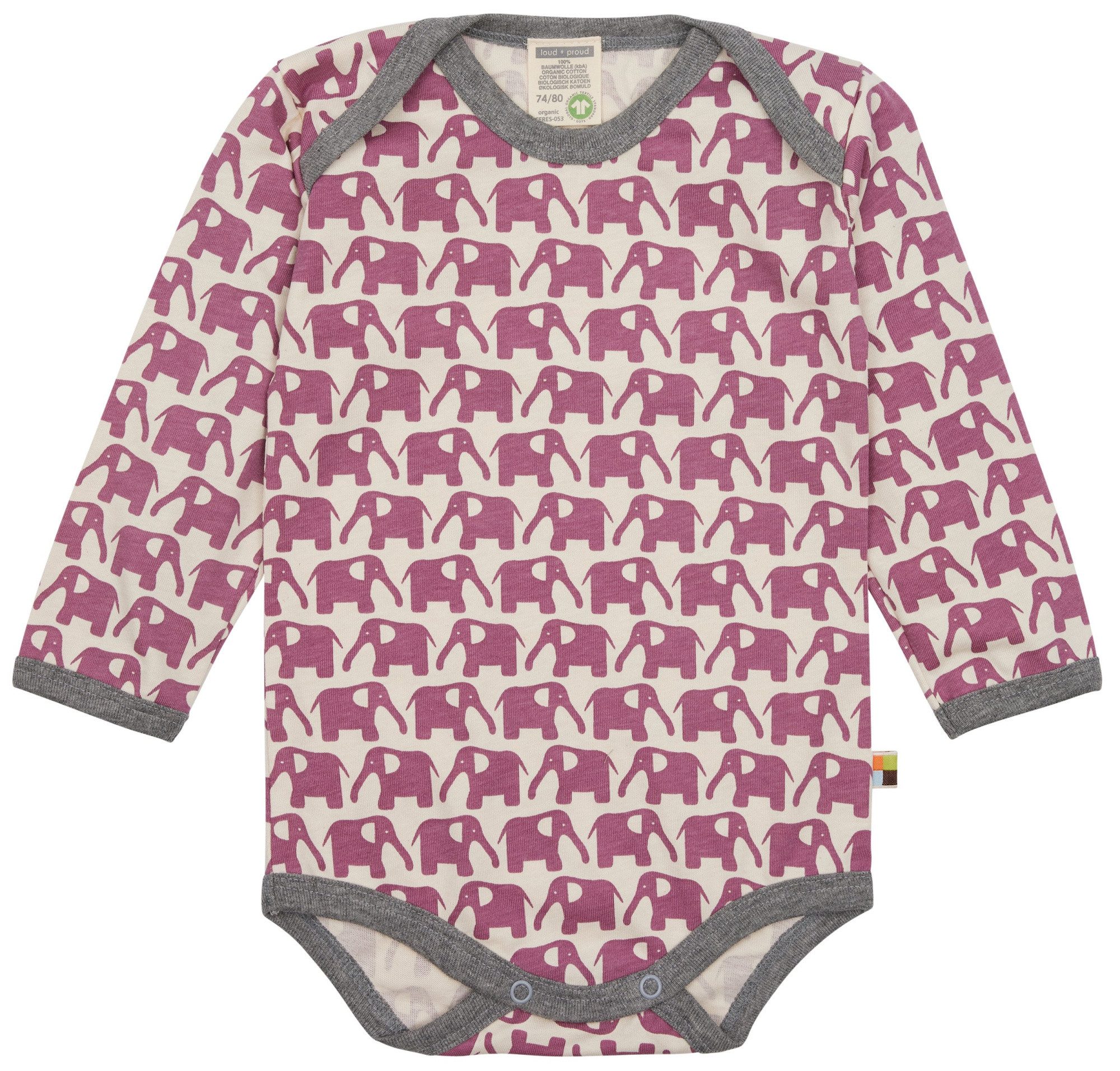 loud + proud Langarmbody mit Elefanten Druckmotiv Bio Baumwolle, GOTS