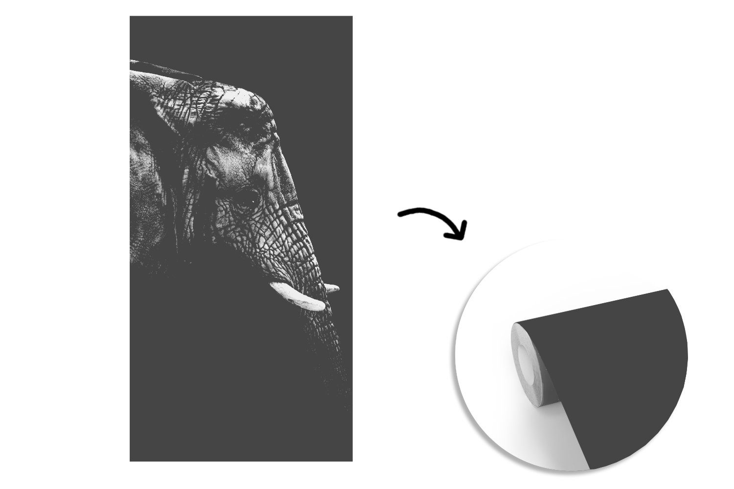 MuchoWow Fototapete Elefant - Schwarz Küche, Schlafzimmer - für Vliestapete Tiere, Porträt Fototapete und St), - Wohnzimmer weiß bedruckt, Matt, (2