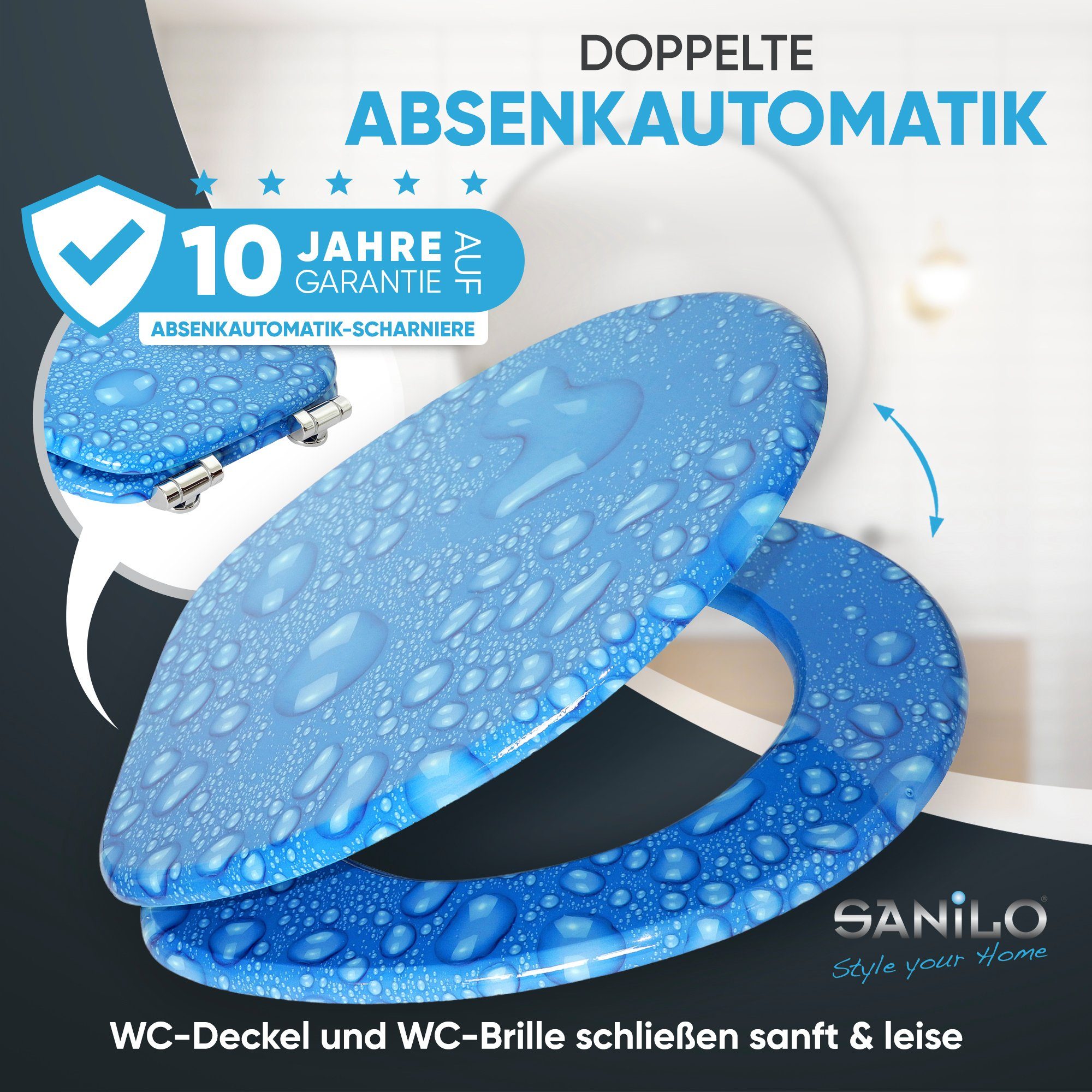 Sanilo WC-Sitz Tautropfen Blau mit Absenkautomatik, Toilettendeckel vom Hersteller, hochwertig & moderner Klodeckel mit Motiv, universell, leichte Montage