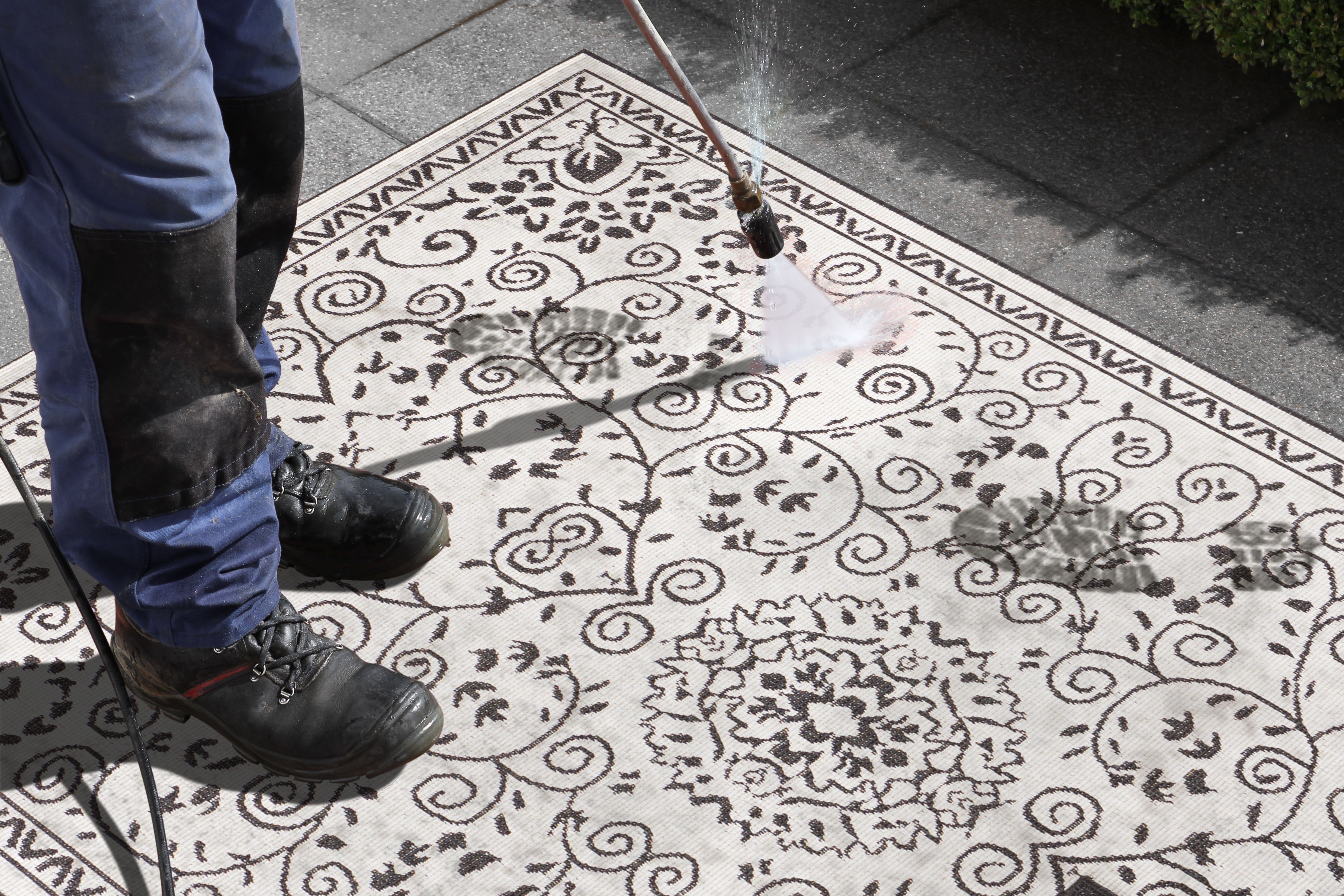 Teppich LEYTE Wendeteppich, NORTHRUGS, mm, 5 rechteckig, Outdoor, Vintage, In-& Wetterfest, Höhe: Teppich, schwarz/creme Balkon, Garten, Wohnzimmer