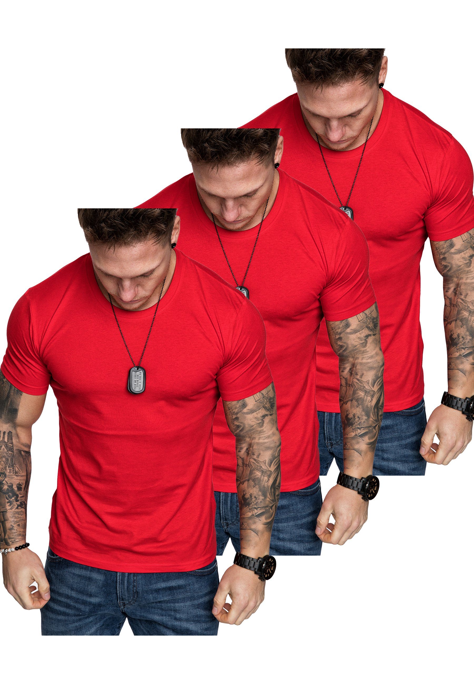 T-Shirts T-Shirt Rundhalsausschnitt (3er-Pack) 3. Amaci&Sons mit Basic 3er-Pack LANCASTER Herren T-Shirt Oversize Rot) (3x