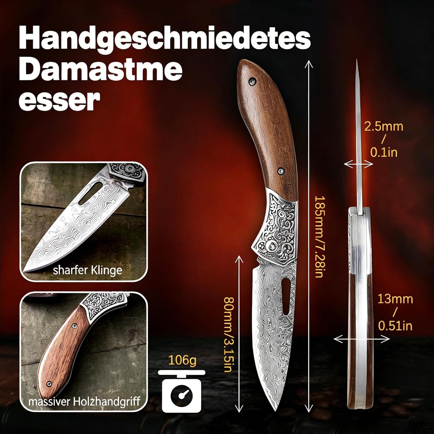 KingLux Damastmesser Damast Taschenmesser Klappmesser mit Damaststahl Klinge