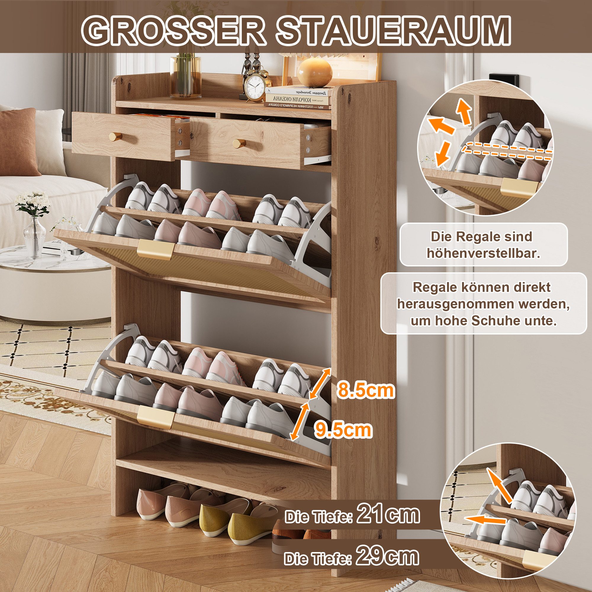 i@home Schuhkipper Schmal,Schuhregal, Holzwerkstoff Schuhschrank aus Rattan, mit 2 Klappenschubladen, 2 Schubladen,und Griffen, 65x25x106 cm, Natur
