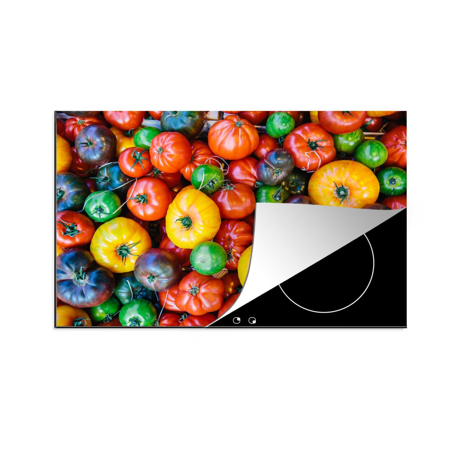 MuchoWow Herdblende-/Abdeckplatte Tomaten - Gemüse - Markt, Vinyl, (1 tlg), 81x52 cm, Induktionskochfeld Schutz für die küche, Ceranfeldabdeckung