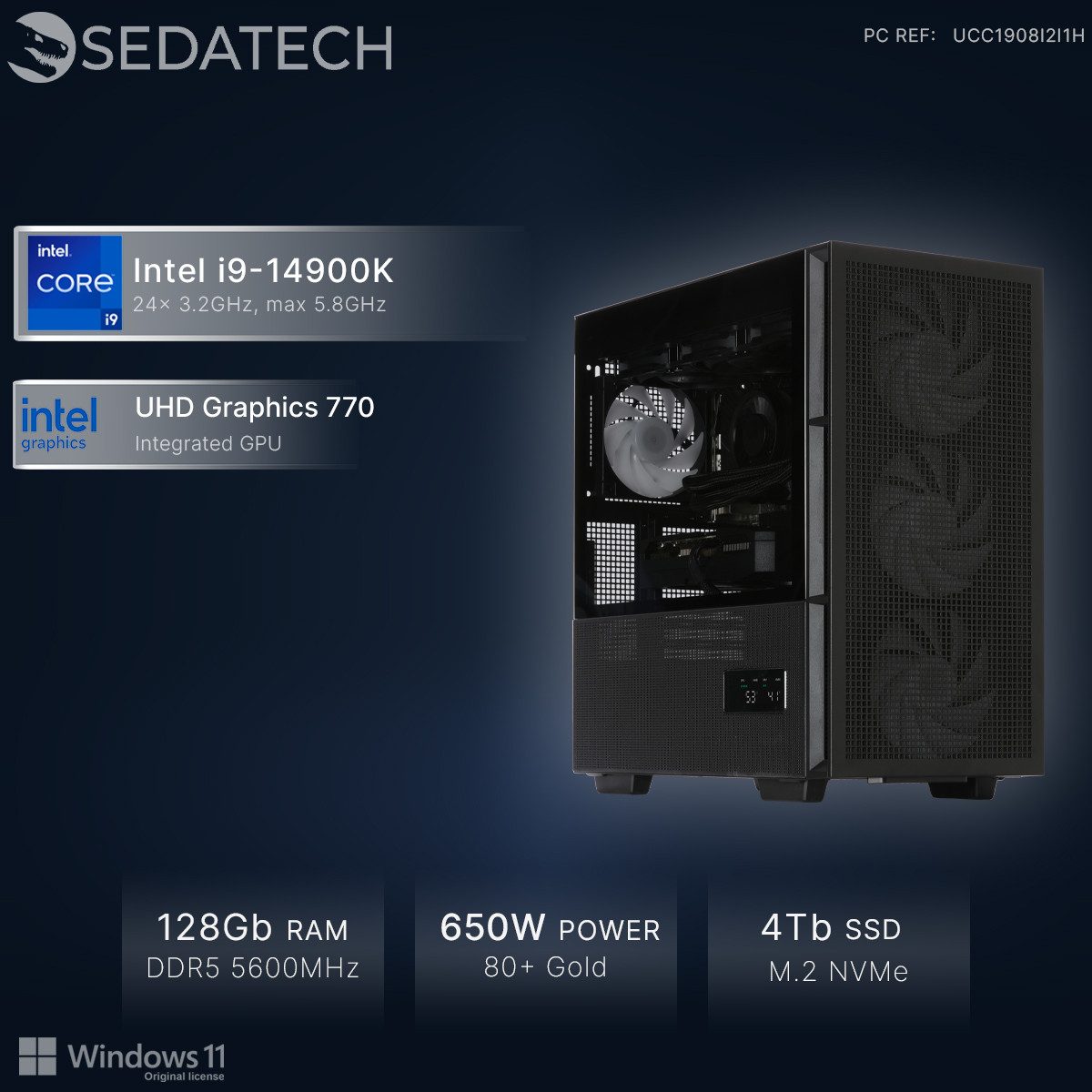 Sedatech UCC1908I2I1HF - Watercooling Office PC (Intel Core i9 14900K 24x 3.2GHz (max 5.8GHz), Intel UHD Graphics 770, 128 GB RAM, 4000 GB SSD, Watercooling, Wlan 6)