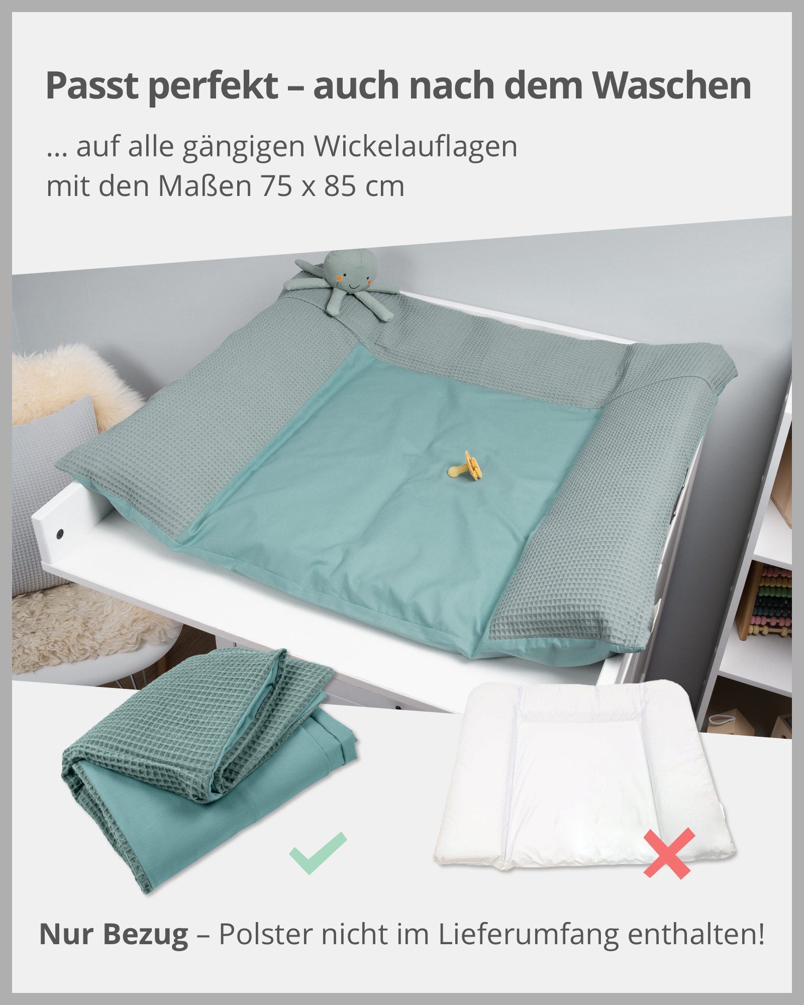 ULLENBOOM ® Wickelauflagenbezug Wickelauflagenbezug Baumwolle Salbeigrün, EU), Hotelverschluss, 75x85 cm, in (Made 100% Bezug mit