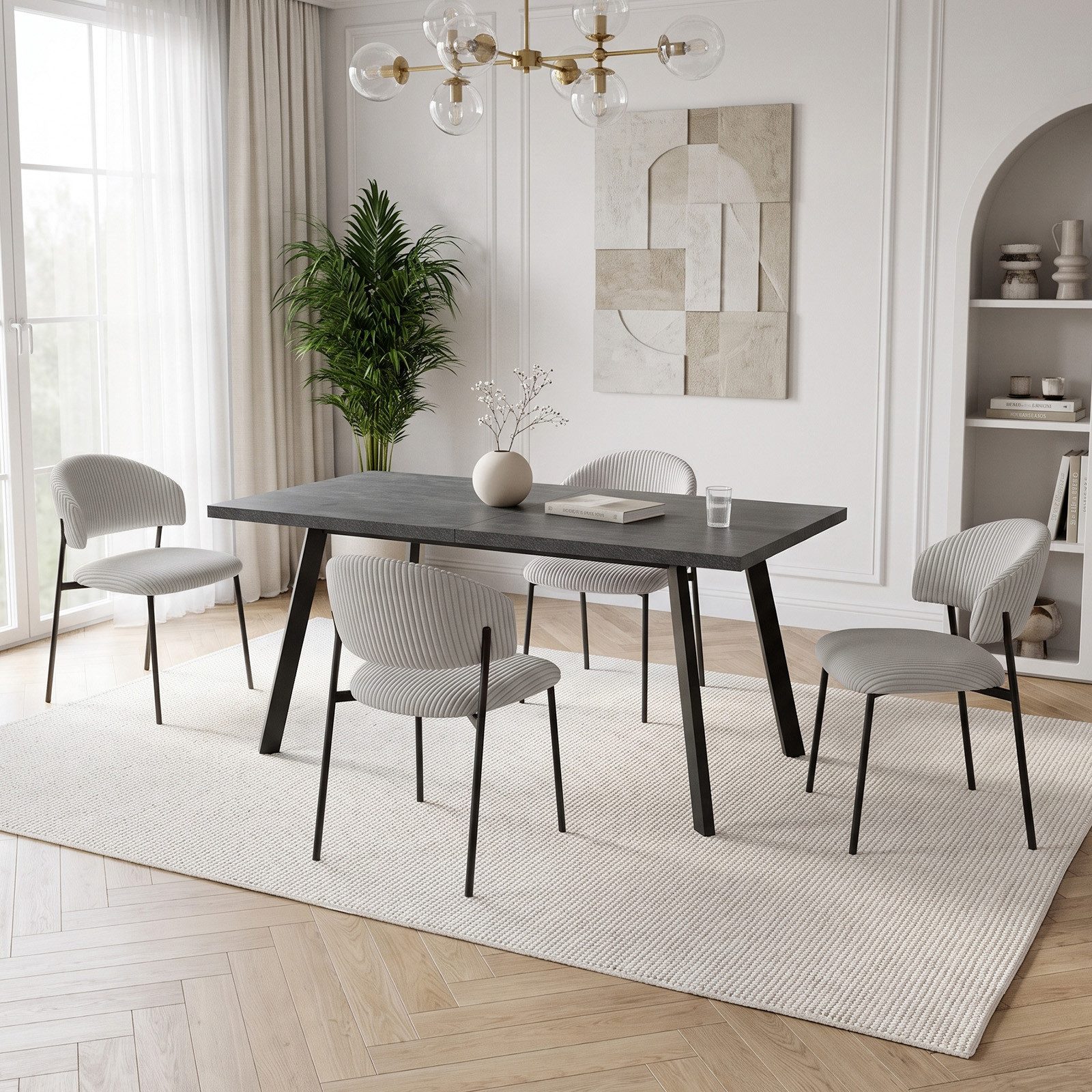 Jiexi Essgruppe Essgruppe Ausziehbar 140-180cm MDF Dunkelrhein-Optik & Cord Stühle
