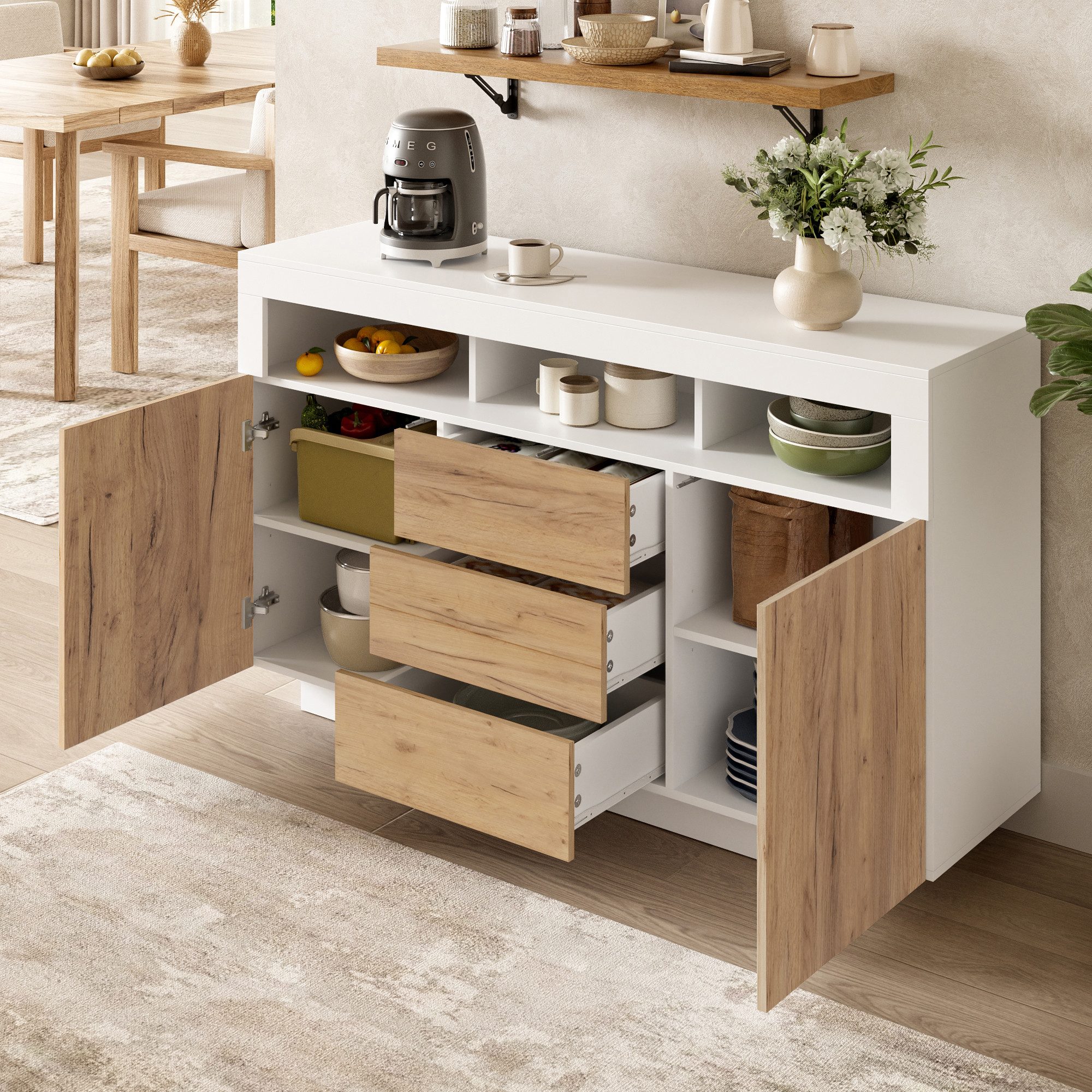 MODFU Sideboard für Wohnzimmer, Flur oder Küche (mit 3 Schubladen und 2 Türen, geeignet für Wohnzimmer, Flur oder Küche, Naturholzoptik + Weiß, 1 St., B140/T40/H85 cm)