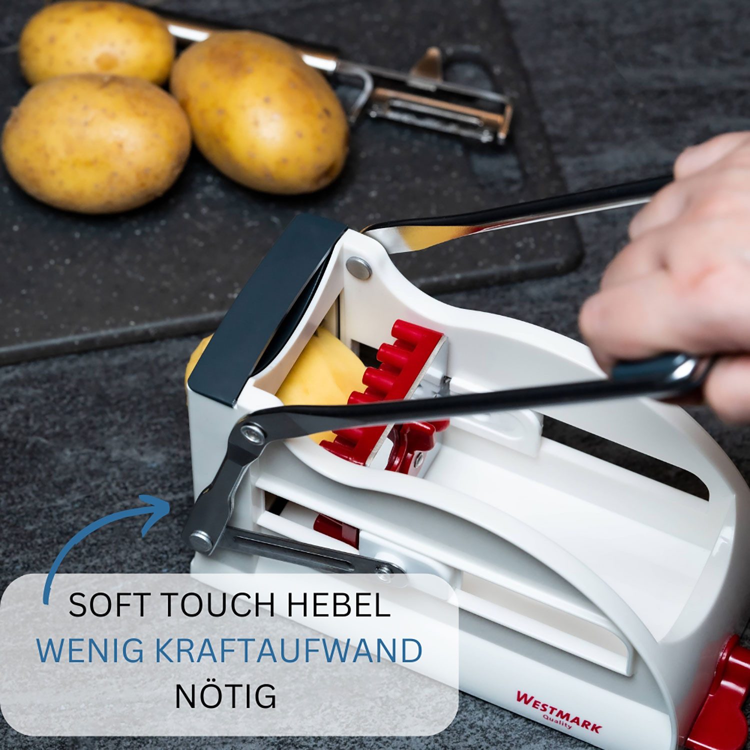 WESTMARK Pommesschneider und Gemüse-/Obststiftler mit drei Edelstahl-Schneideinsätzen und Stemp, rutschfester Saugfuß, auch für Obst und Gemüse geeignet