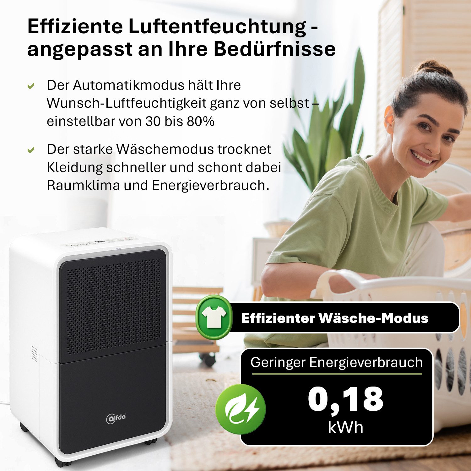 alfda Luftentfeuchter AEF1200, für 62 m³ Räume, Entfeuchtung 12,00 l/Tag, Tank 2,50 l, Automatikprogramm, bis 25 m², Drainageanschluss, gegen Feuchtigkeit