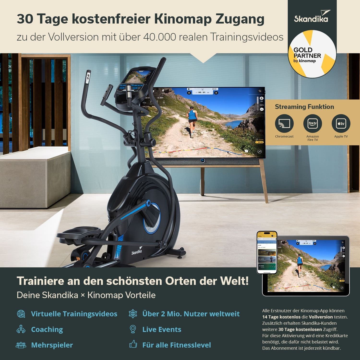 Skandika Crosstrainer CardioCross Conqueror Premium Ellipsentrainer Heimtrainer für Zuhause (Maximales Benutzergewicht 150 kg, Transportrollen, Tablethalterung), 25kg Schwungmasse, App-Kompatibel mit Kinomap, 31 Programme, 32 Stufen