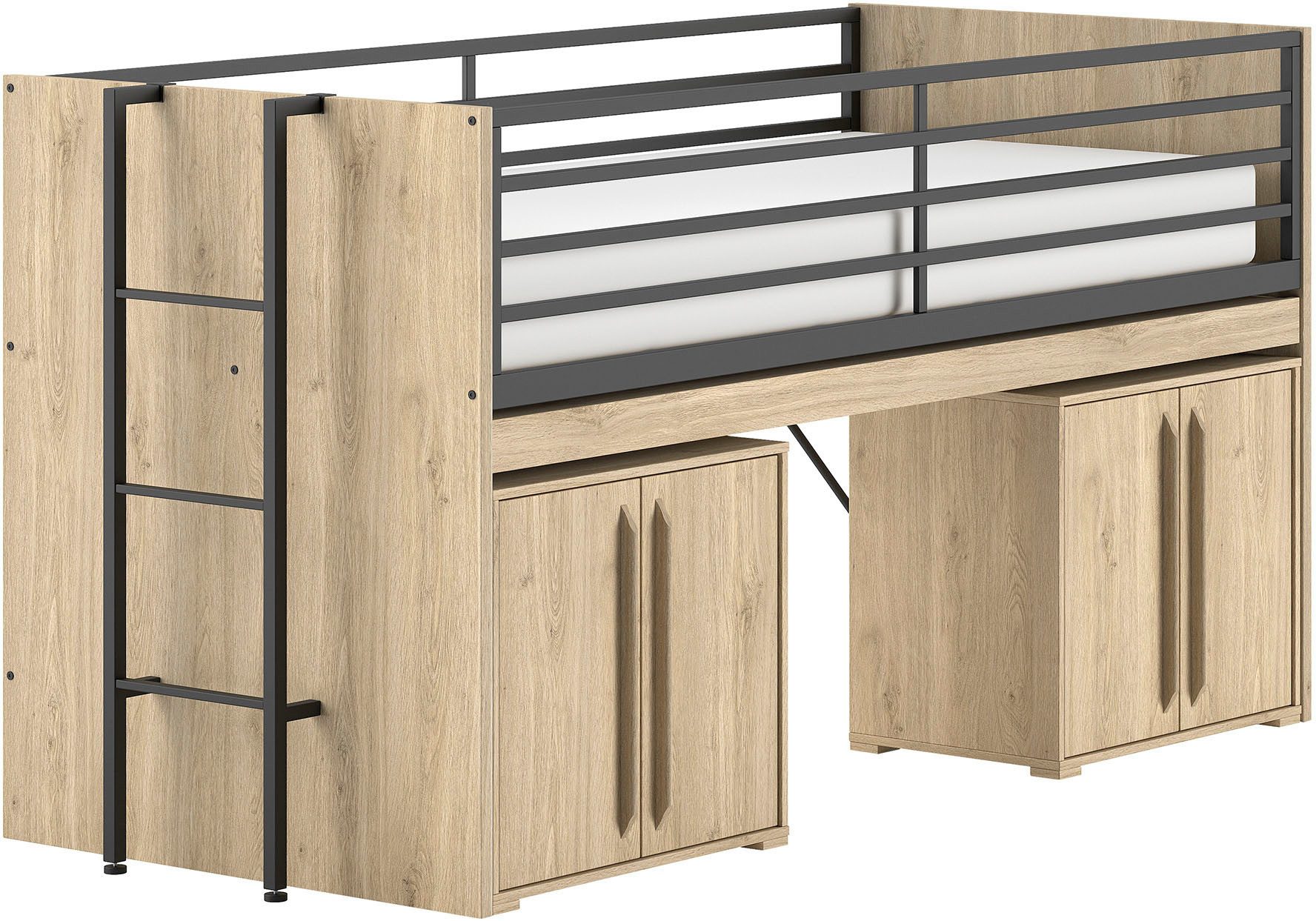 Vipack Stauraumbett Sam, schlafen und arbeiten in einem, wahlweise Eiche- oder Weiß-Dekor (Liegefläche 90x200 cm, darunter eine große ausziehbare Schreibplatte), mit Absturzschutz, Leiter u. Stauraum, pflegeleichte Dekor Oberfläche