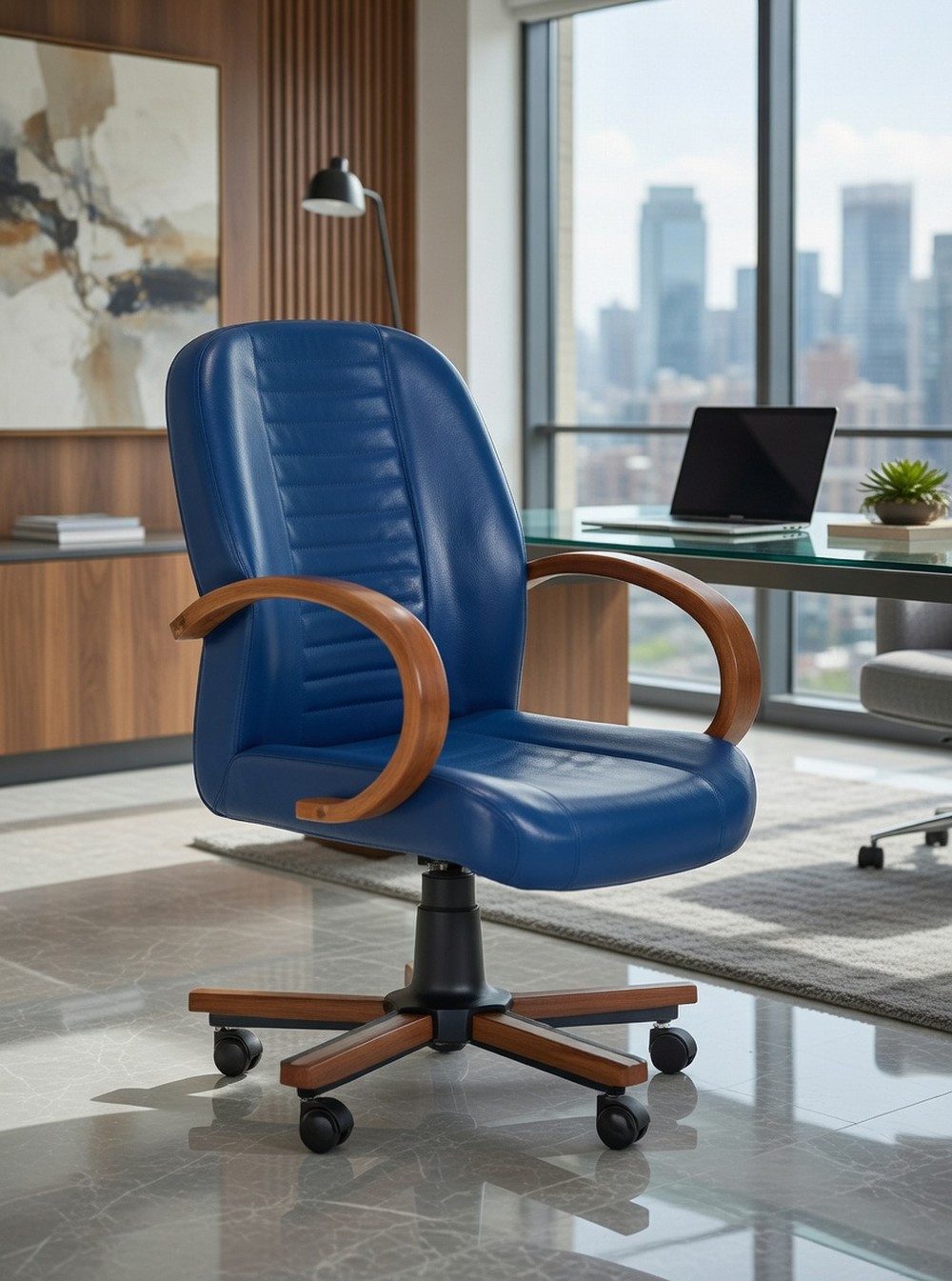 JVmoebel Chefsessel Bürosessel Blau aus Kunstleder mit Holzrahmen und Drehfunktion, Made in Europa