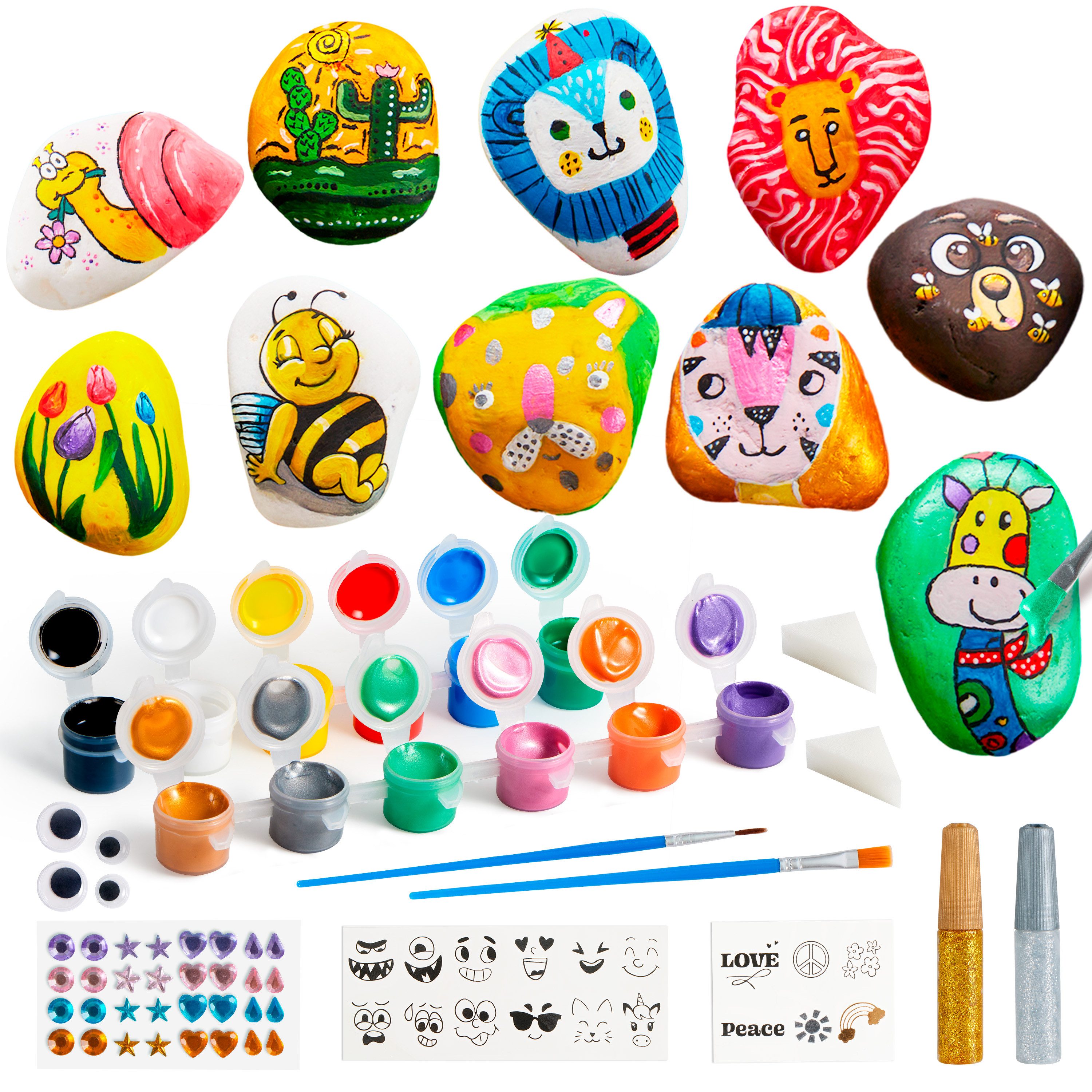 Klever Kits Experimentierkasten Klever Kits 10 Stück Steine Bemalen Set für Kinder mit 18 Farben, (10-tlg)